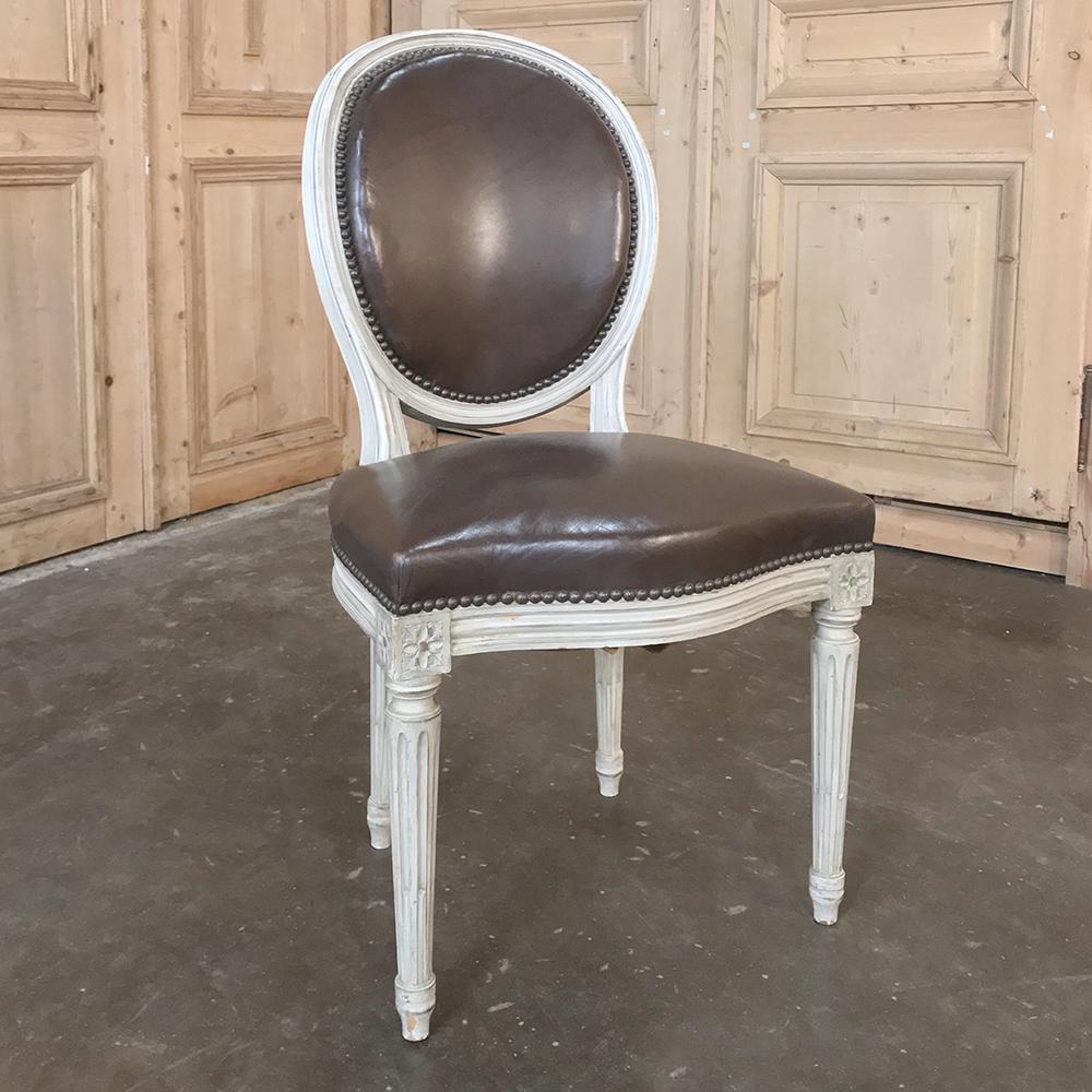 Set of 8 French Louis XVI Painted Dining Chairs and 2 Armchairs with Leather 2
