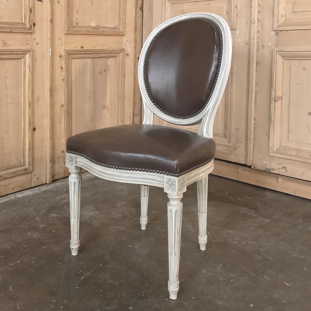 Set of 8 French Louis XVI Painted Dining Chairs and 2 Armchairs with Leather 3