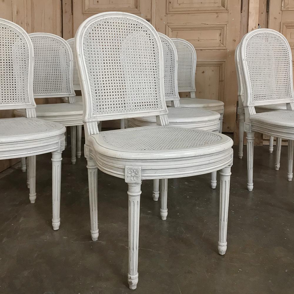 Hand-Carved Set of 8 Antique French Louis XVI Painted Dining Chairs