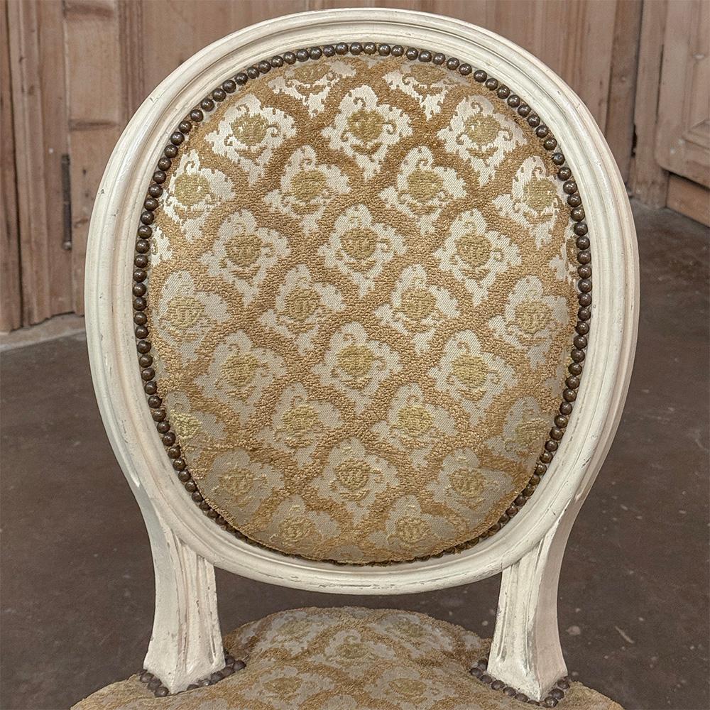 Set of 8 Antique French Louis XVI Painted Dining Chairs with Damascene Upholster For Sale 4