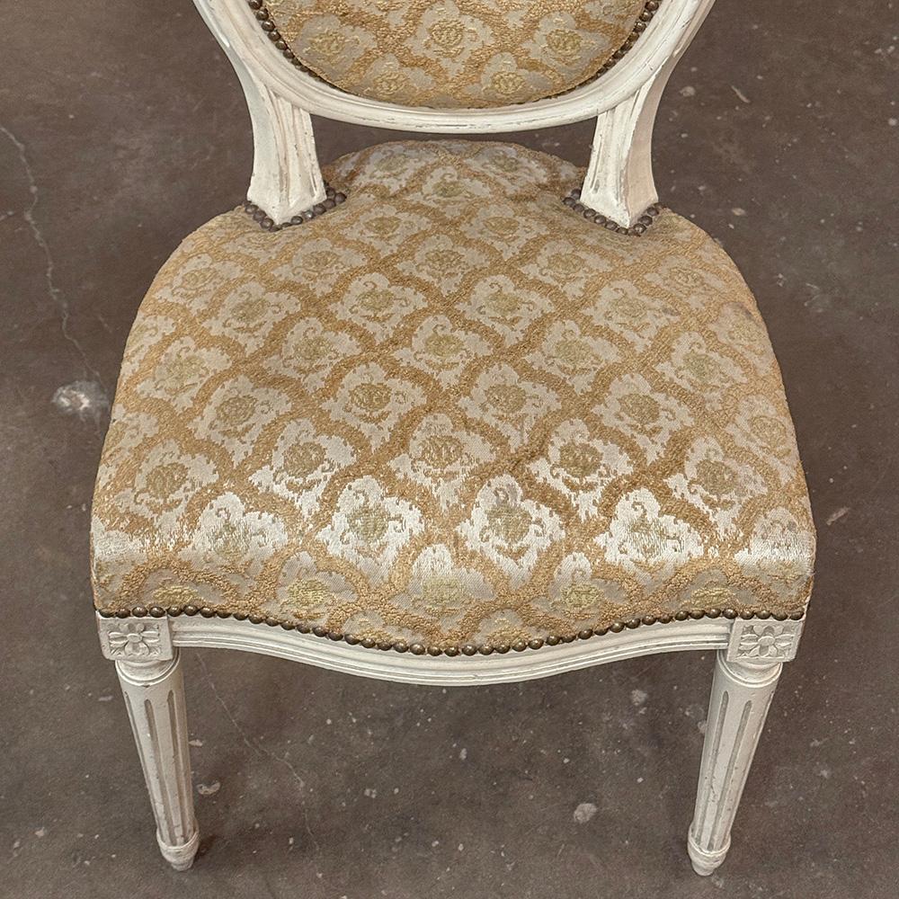 Set of 8 Antique French Louis XVI Painted Dining Chairs with Damascene Upholster For Sale 5