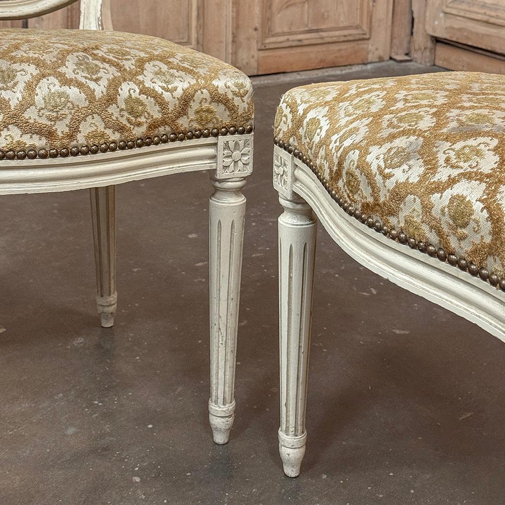Set of 8 Antique French Louis XVI Painted Dining Chairs with Damascene Upholster For Sale 6