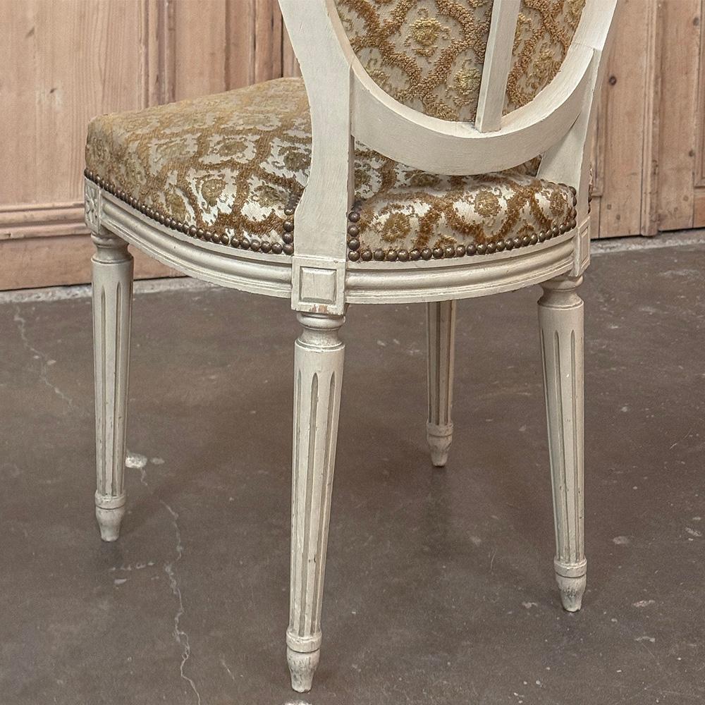 Set of 8 Antique French Louis XVI Painted Dining Chairs with Damascene Upholster For Sale 7