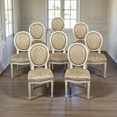 Set of 8 Antique French Louis XVI Painted Dining Chairs with Damascene Upholster