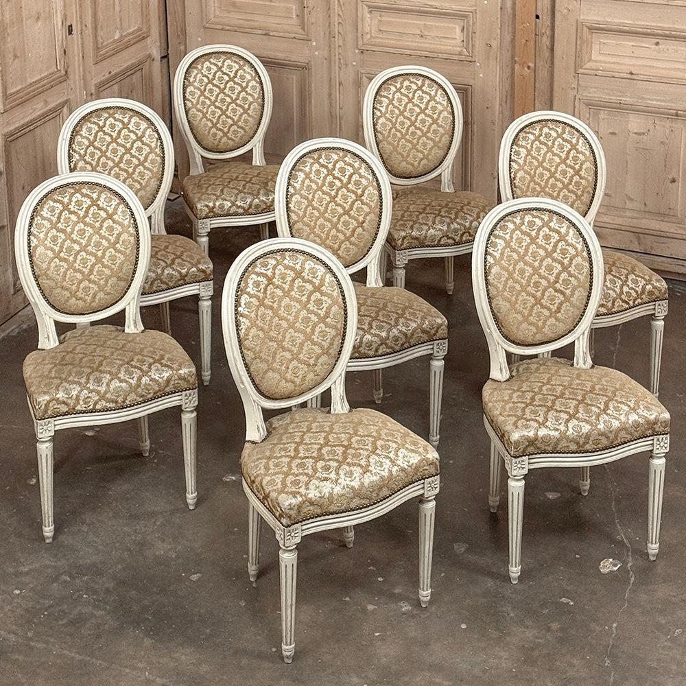 Hand-Crafted Set of 8 Antique French Louis XVI Painted Dining Chairs with Damascene Upholster For Sale