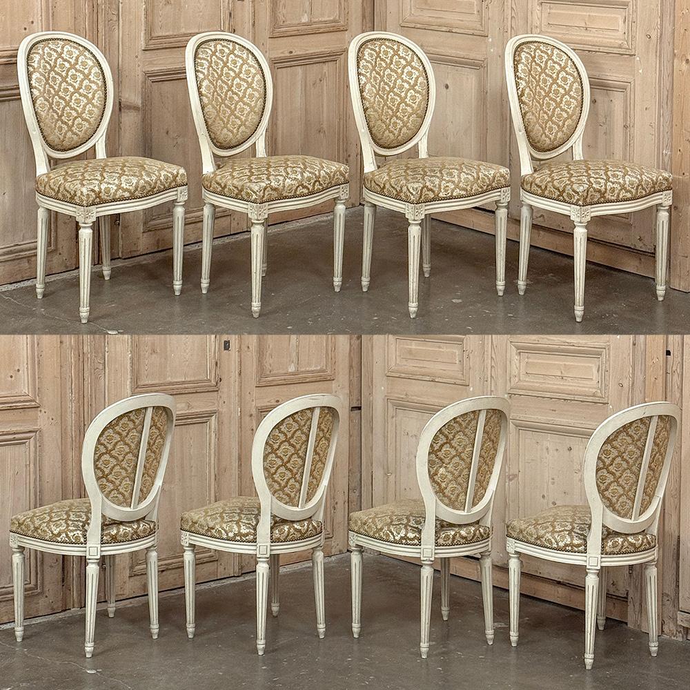 20th Century Set of 8 Antique French Louis XVI Painted Dining Chairs with Damascene Upholster For Sale