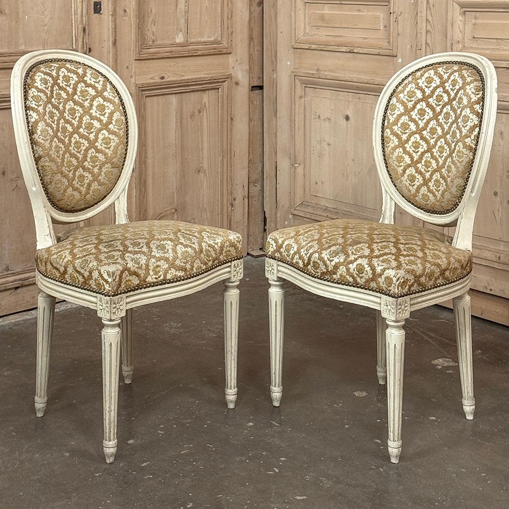 Set of 8 Antique French Louis XVI Painted Dining Chairs with Damascene Upholster For Sale 1