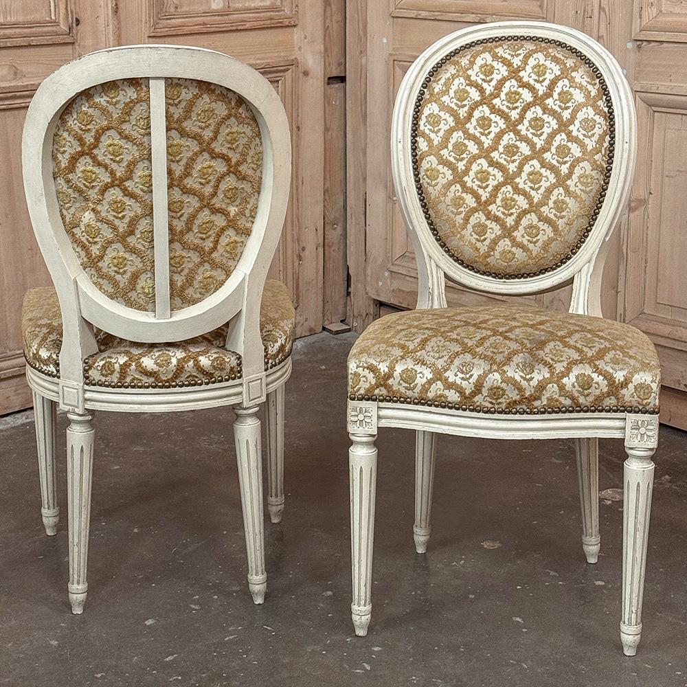 Set of 8 Antique French Louis XVI Painted Dining Chairs with Damascene Upholster For Sale 2