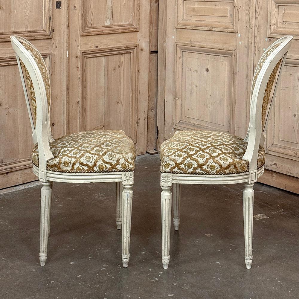 Set of 8 Antique French Louis XVI Painted Dining Chairs with Damascene Upholster For Sale 3