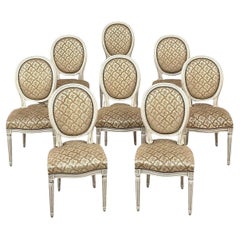 Set of 8 Antique French Louis XVI Painted Dining Chairs with Damascene Upholster