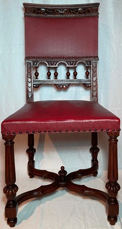 Set of 8 Antique French Walnut Dining Chairs, Red Leather Upholstery, Circa 1880