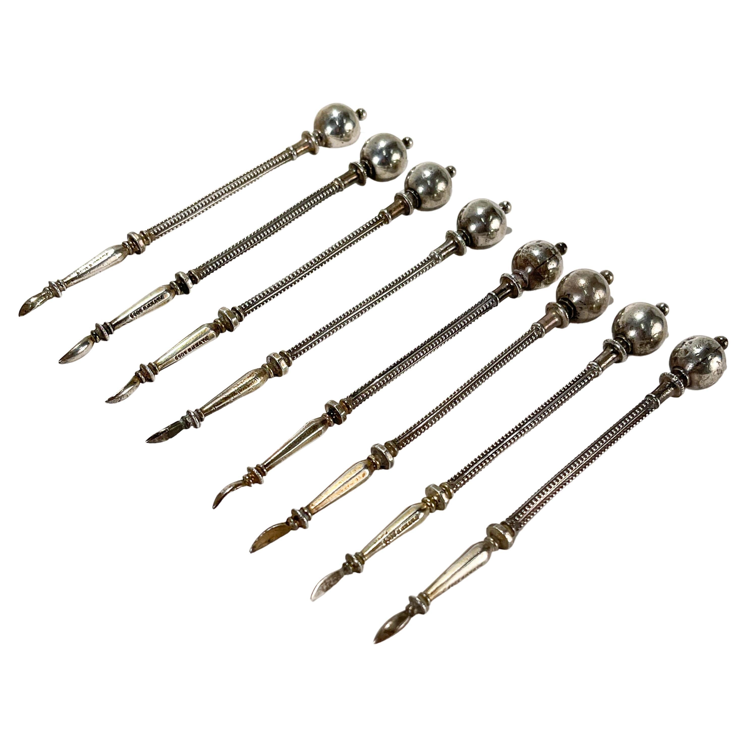 Set of 8 Antique George Sharp Coin Silver Ball End Nut Picks For Sale