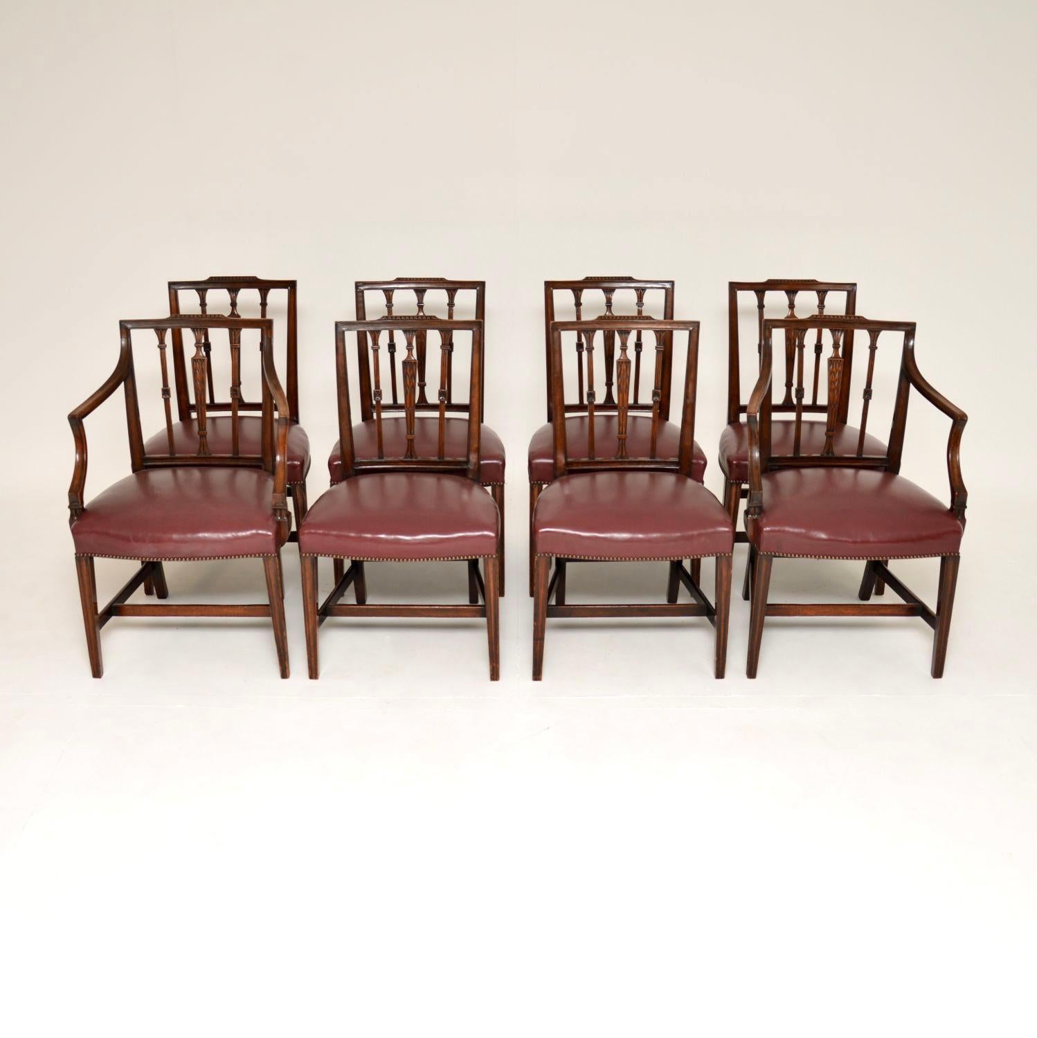 An excellent set of antique solid wood dining chairs. These were made in England, we believe they date from around the 1800-1820 period.

It is very rare to find a large set of early period dining chairs like this, the wood has acquired an