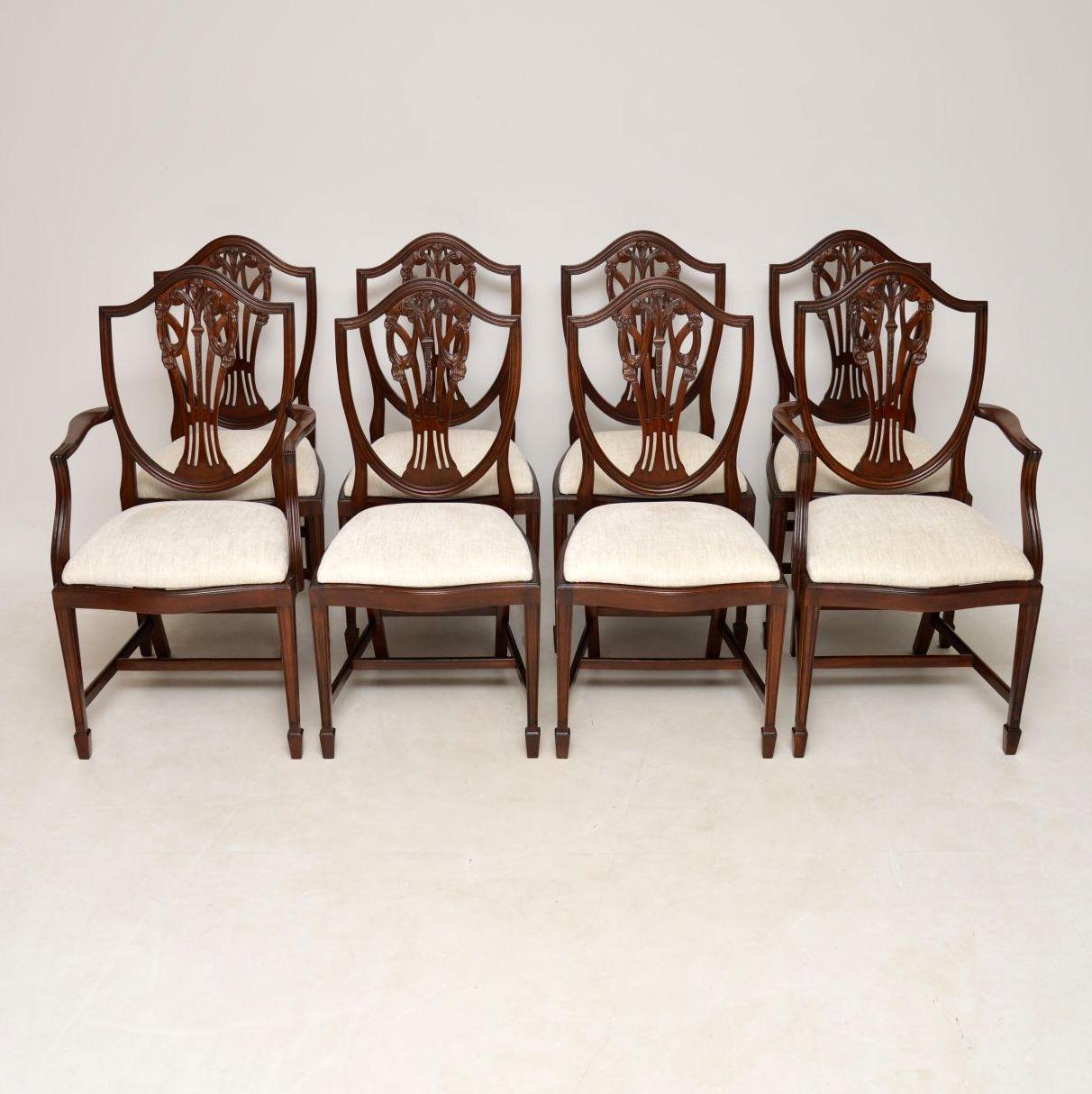Set of eight Georgian style dining chairs including two carvers. They have just been re-polished and the seats re-upholstered in a lovely textured cream fabric, which sadly we can get anymore of. The seats aren’t sitting in right in the images,