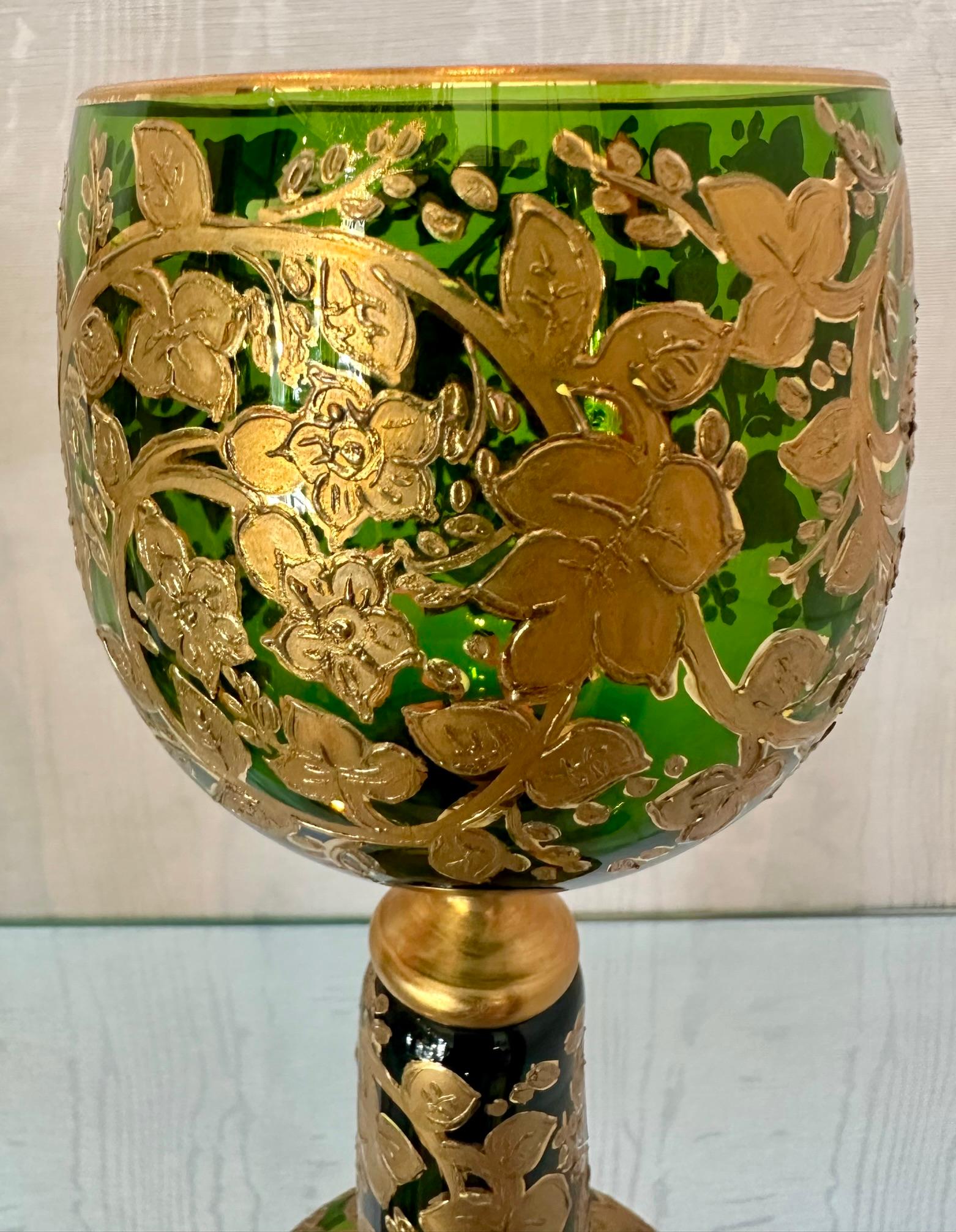 Set of 8 Antique German Gold Encrusted Green Glass Goblets by Moser, Circa 1890. In Good Condition In New Orleans, LA