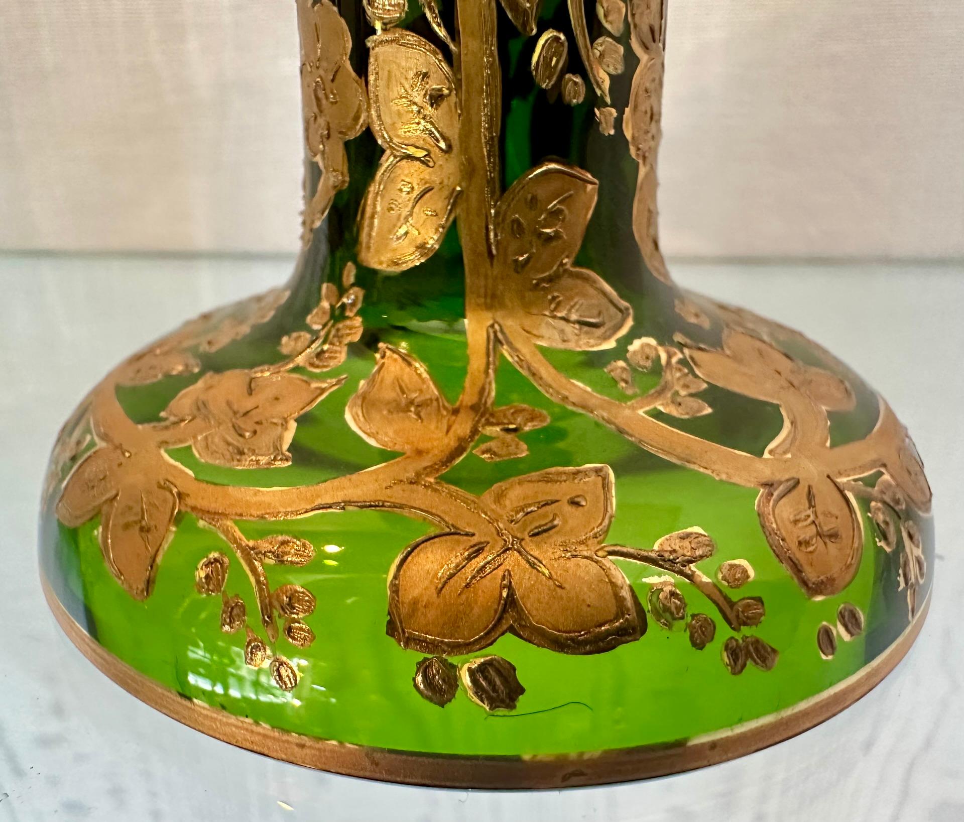 19th Century Set of 8 Antique German Gold Encrusted Green Glass Goblets by Moser, Circa 1890.