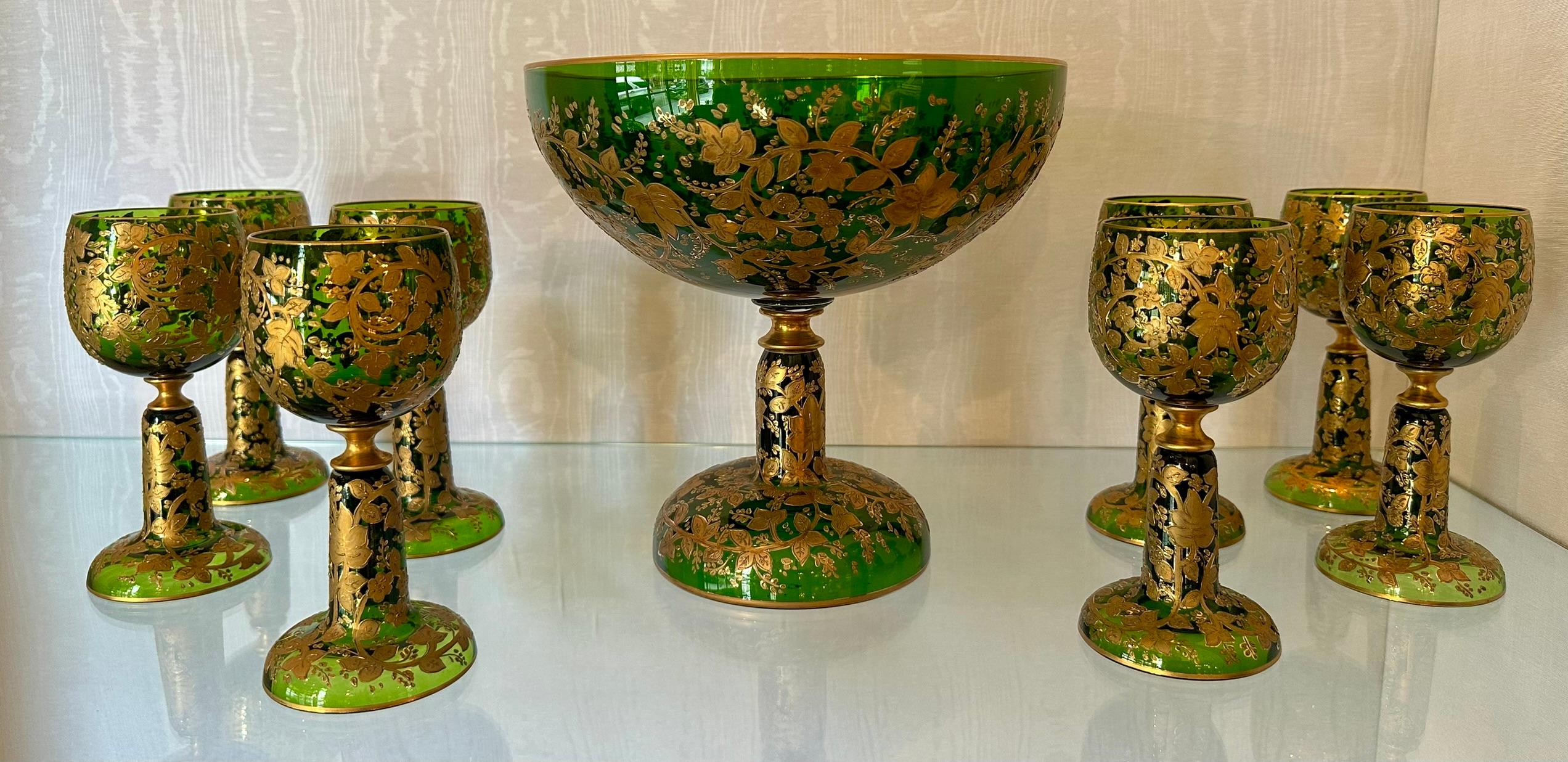 Set of 8 Antique German Gold Encrusted Green Glass Goblets by Moser, Circa 1890. 1