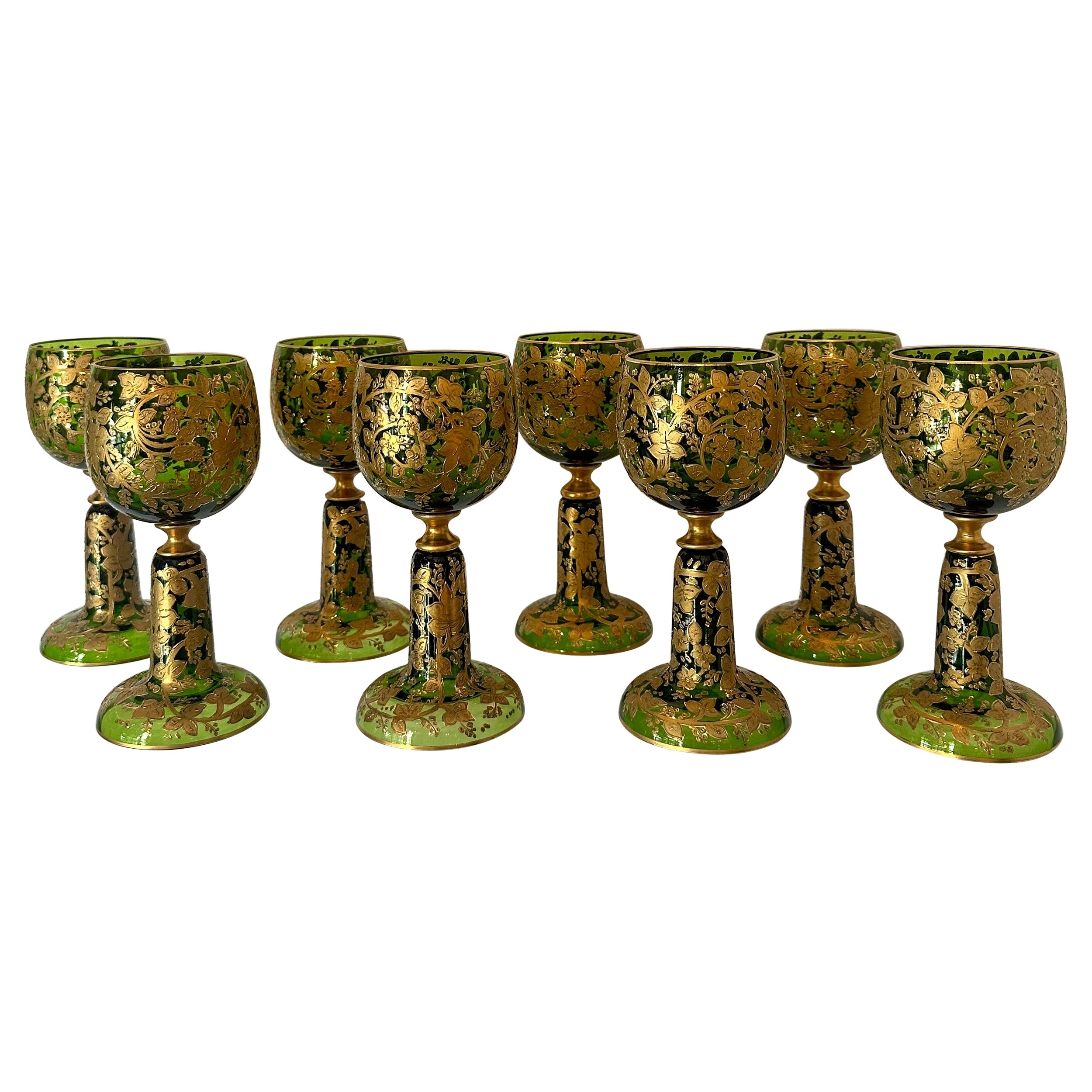 Set of 8 Antique German Gold Encrusted Green Glass Goblets by Moser, Circa 1890.