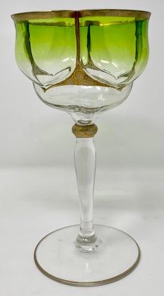 Set of 8 Antique German "Moser" Green & Gold Glass Wine Goblets, Circa 1900's.