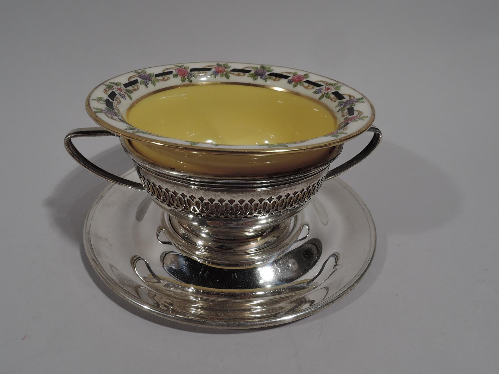 Edwardian Set of 8 Antique Gorham Bouillon Soup Holders and Lenox Bowls