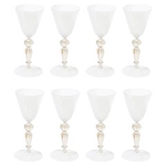 Set of 8 Antique Hand-Blown Latticino Murano Wine Glasses W/24K Gold by Salviati