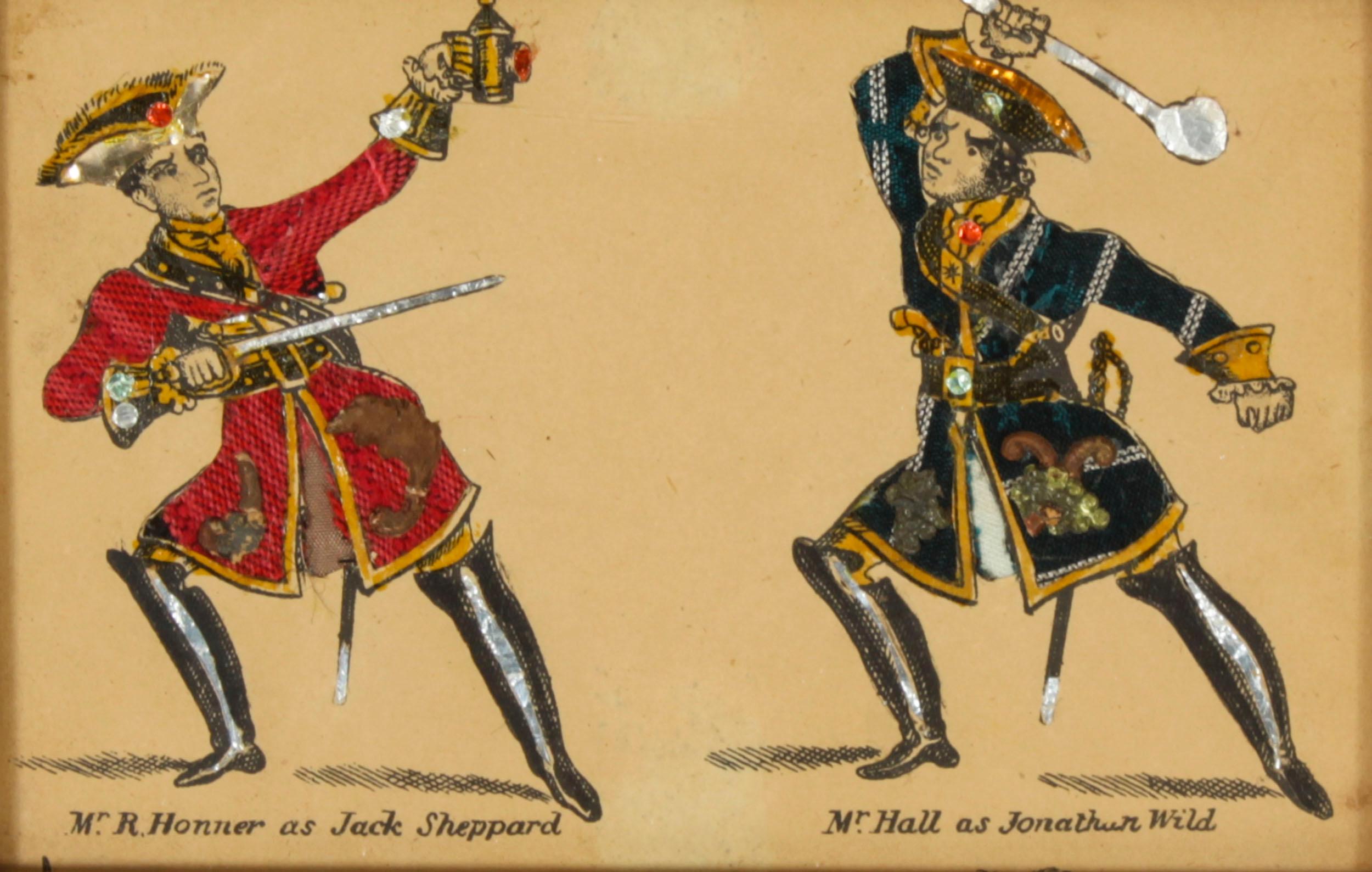 Début du XIXe siècle Ensemble de 8 gravures anciennes tissées à la main représentant des personnages de théâtre 19ème siècle en vente