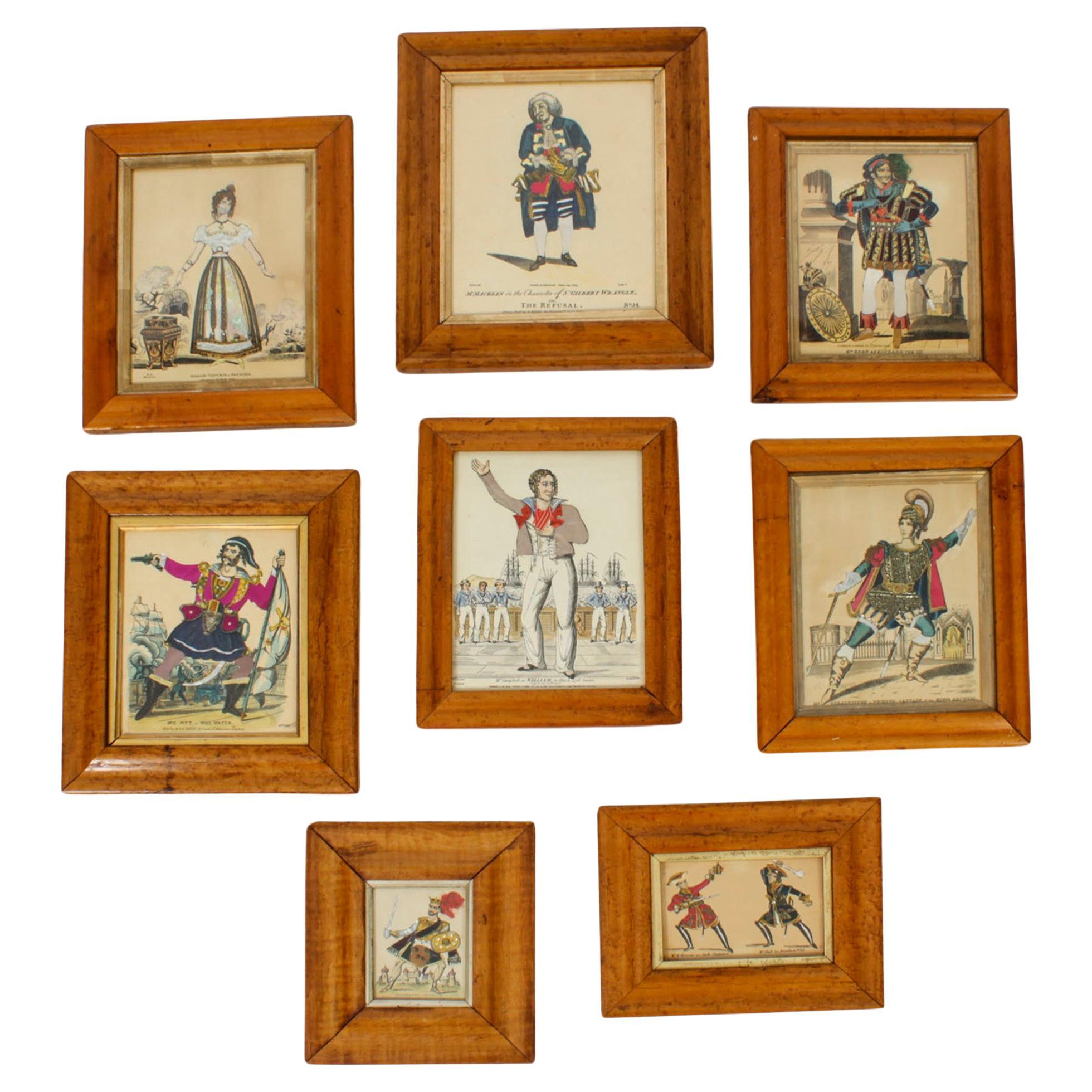 Set of 8 Antique Hand-Tinted Engravings of Theatrical Characters 19th Century For Sale