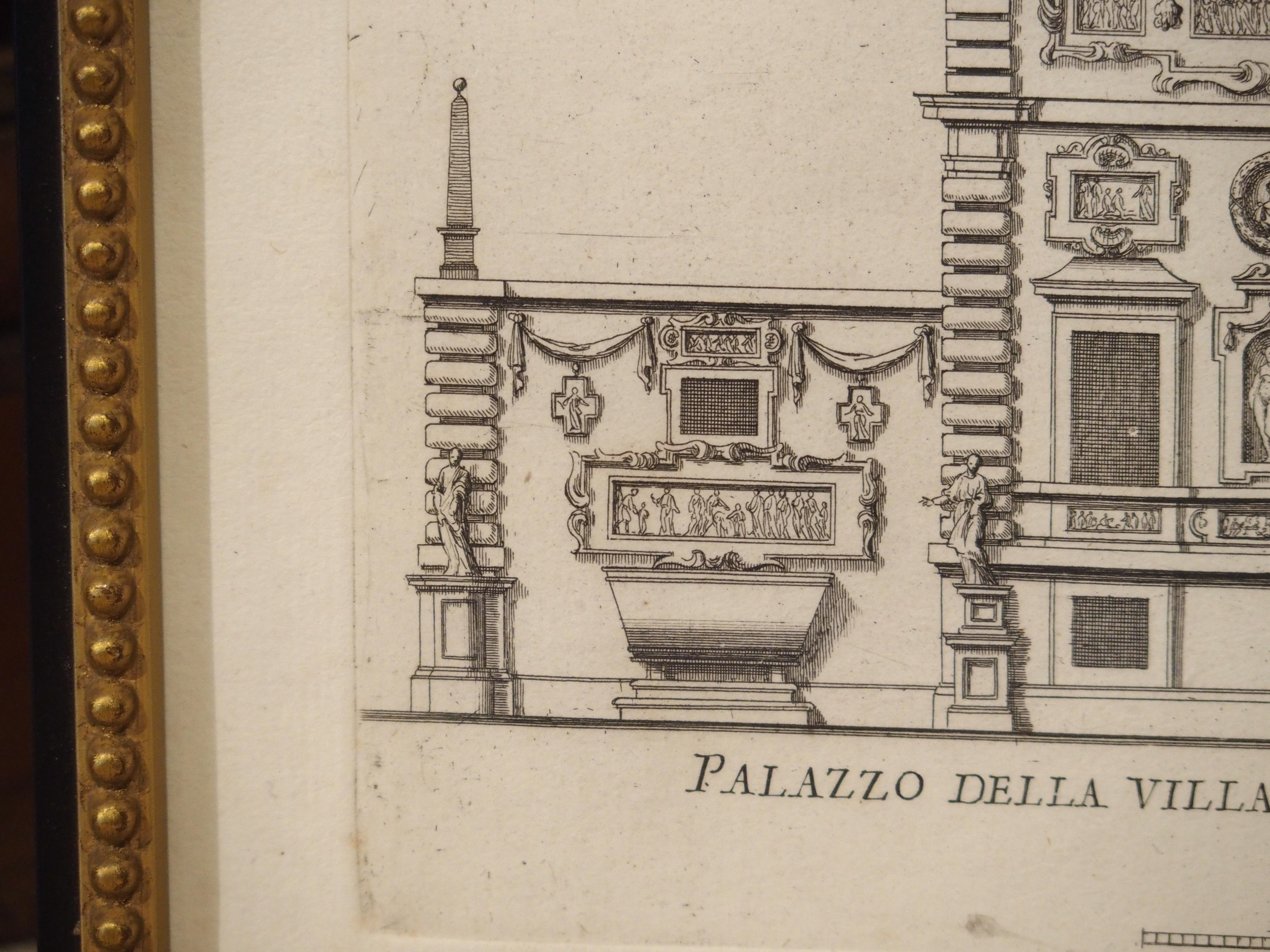 This set of eight framed architectural prints comes from 18th century Italy. Each print features a sketch by Giovanni Battista Falda, from his book, Palazzi di Roma. The book was published in 1655 as a collaboration with Pietro Ferrerio. In 1961,