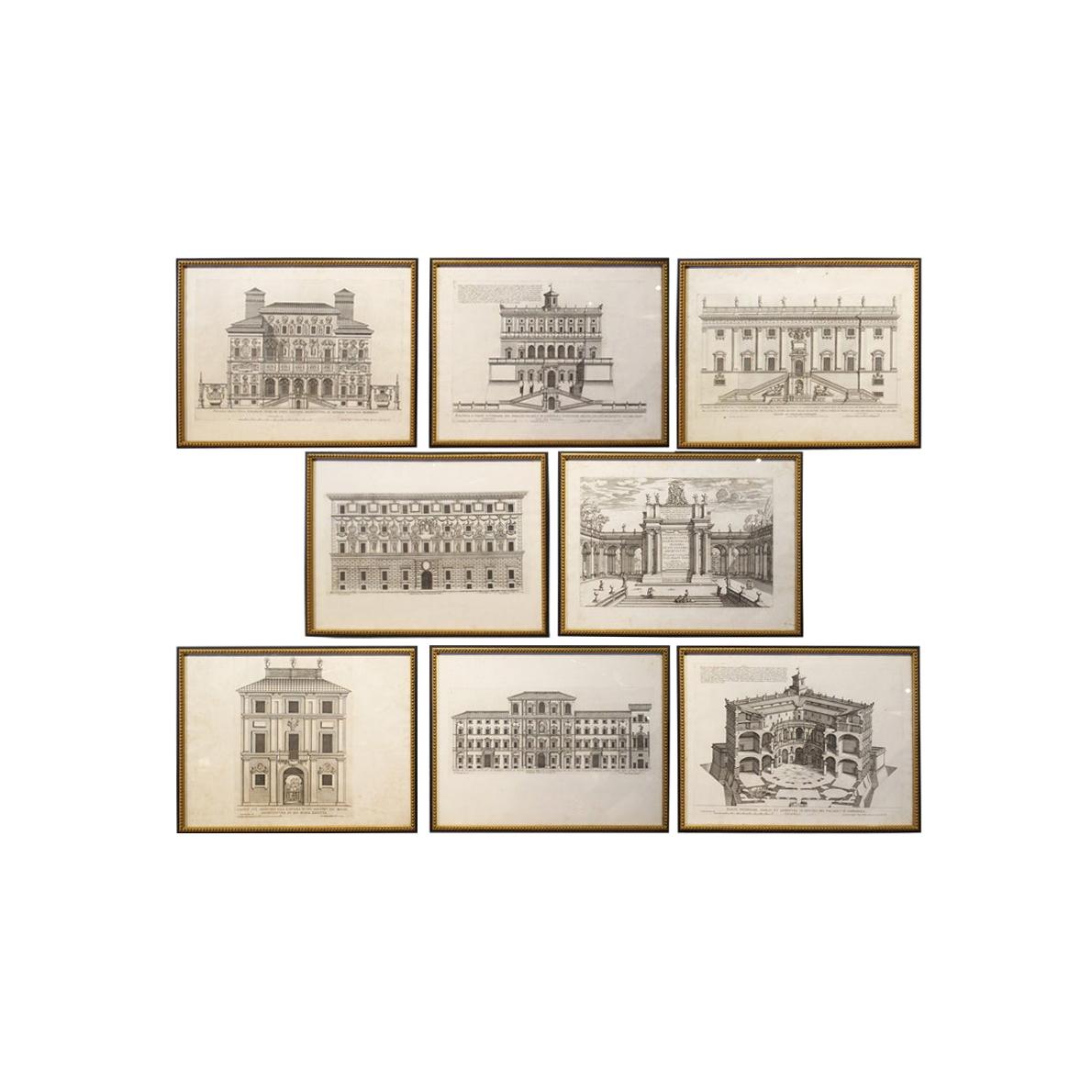 Set of 8 Antique Italian Architectural Prints in Beaded Giltwood Frames