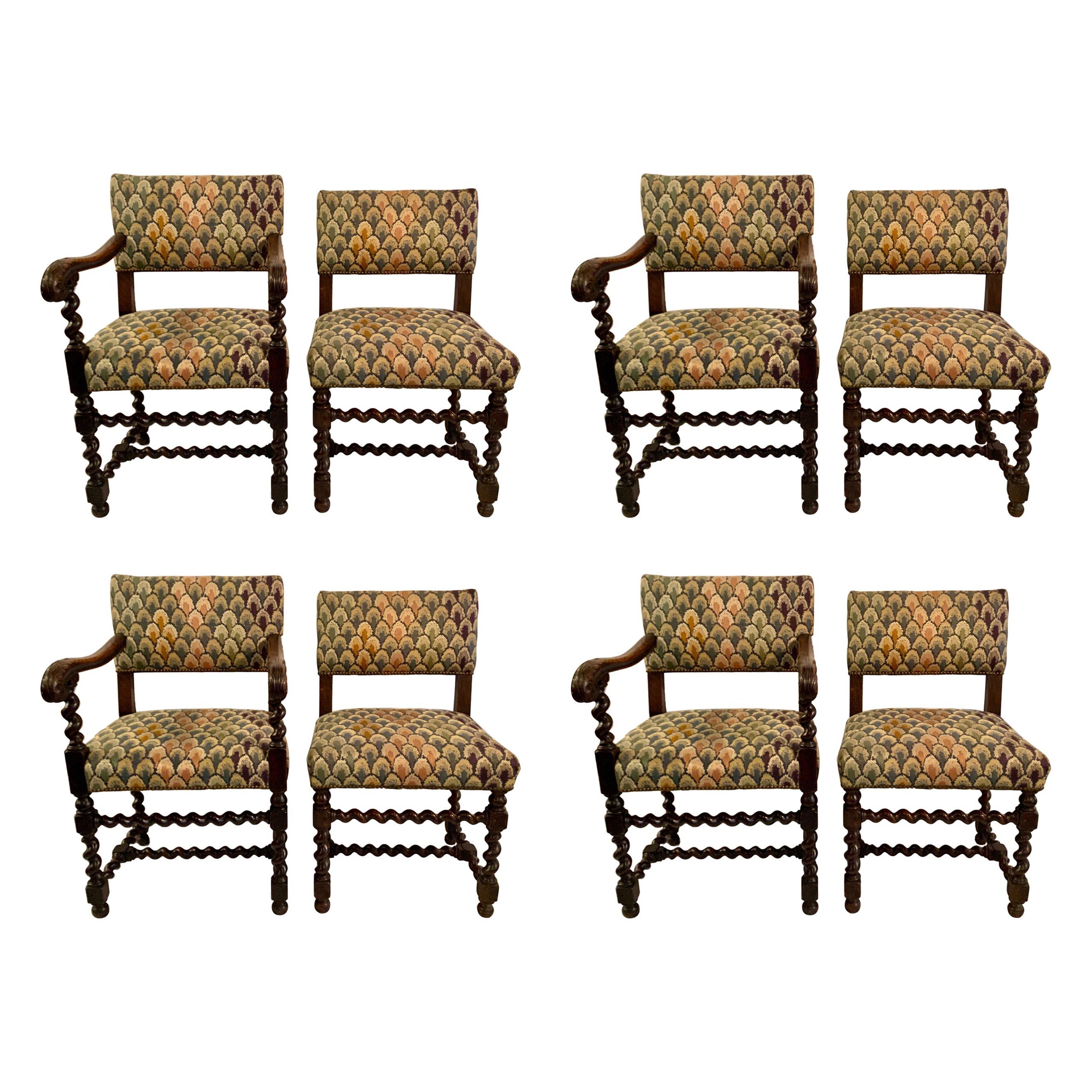 Ensemble de 8 chaises de salle à manger anciennes en chêne sculpté jacobéen, datant d'environ 1890