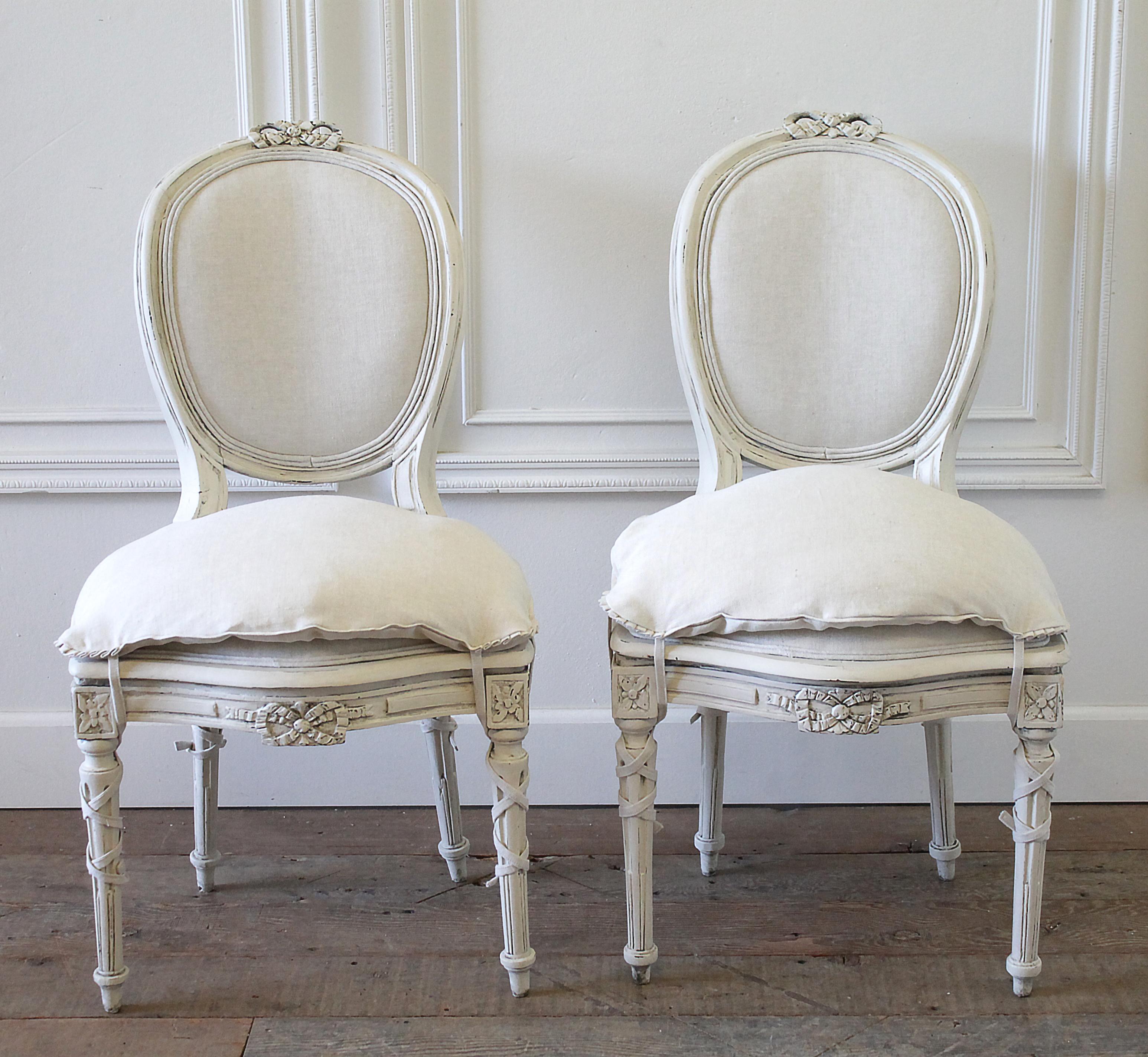 European Set of 8 Antique Louis XVI Style Painted and Upholstered Dining Chairs