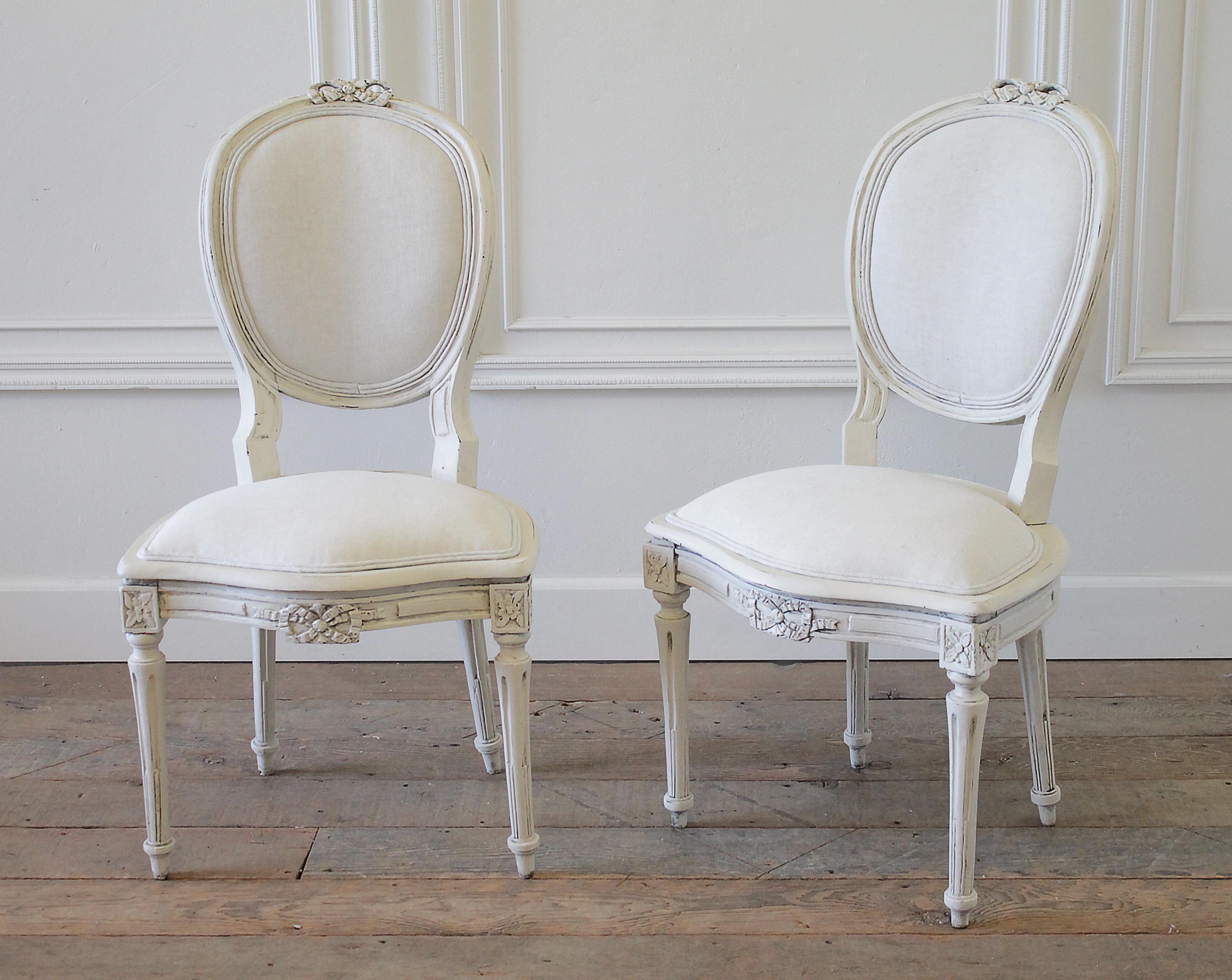 Carved Set of 8 Antique Louis XVI Style Painted and Upholstered Dining Chairs