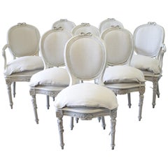 Set of 8 Antique Louis XVI Style Painted and Upholstered Dining Chairs