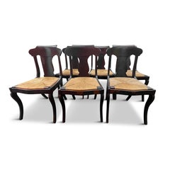 Set of 8 Antique Mahogany Dining Chairs with Woven Rush Seats