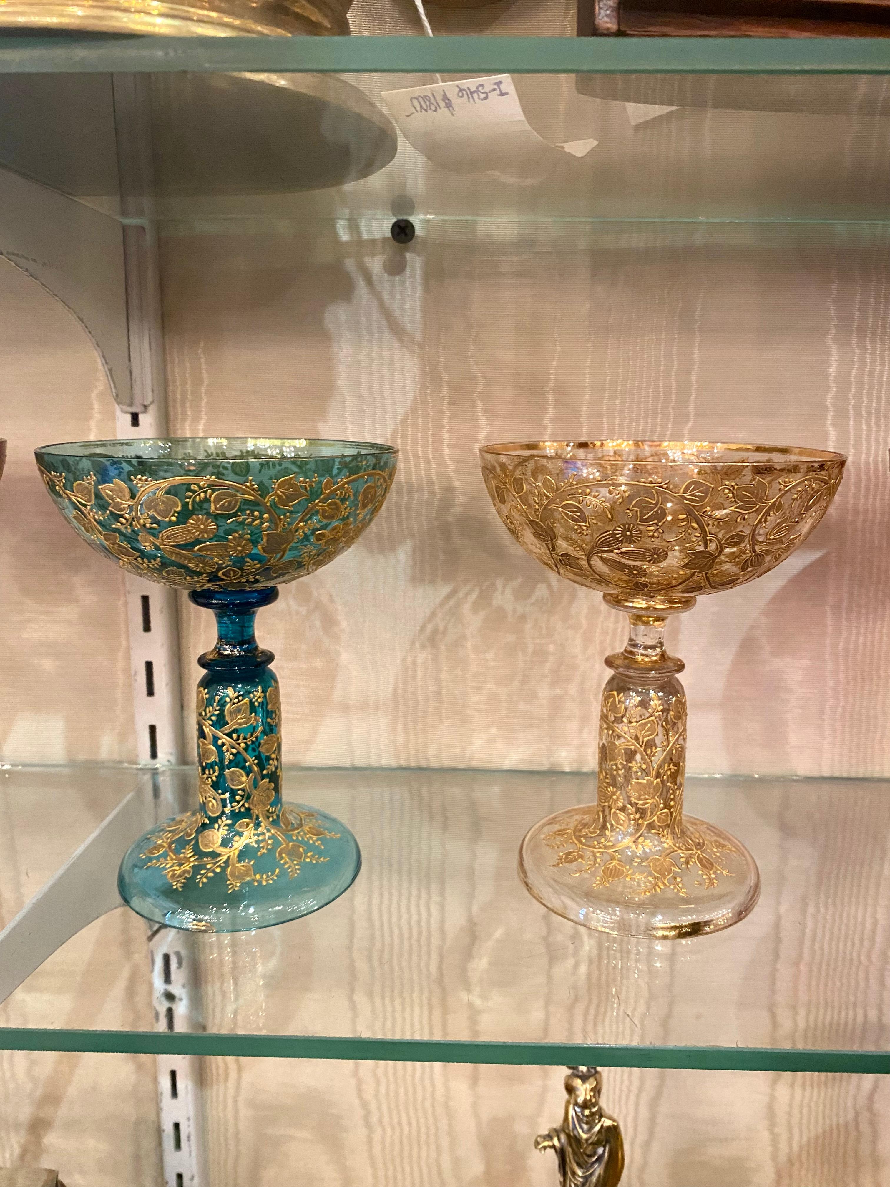 Austrian Set of 8 Antique Moser Glass Multi-Colored Champagne Coupes, Circa 1890.