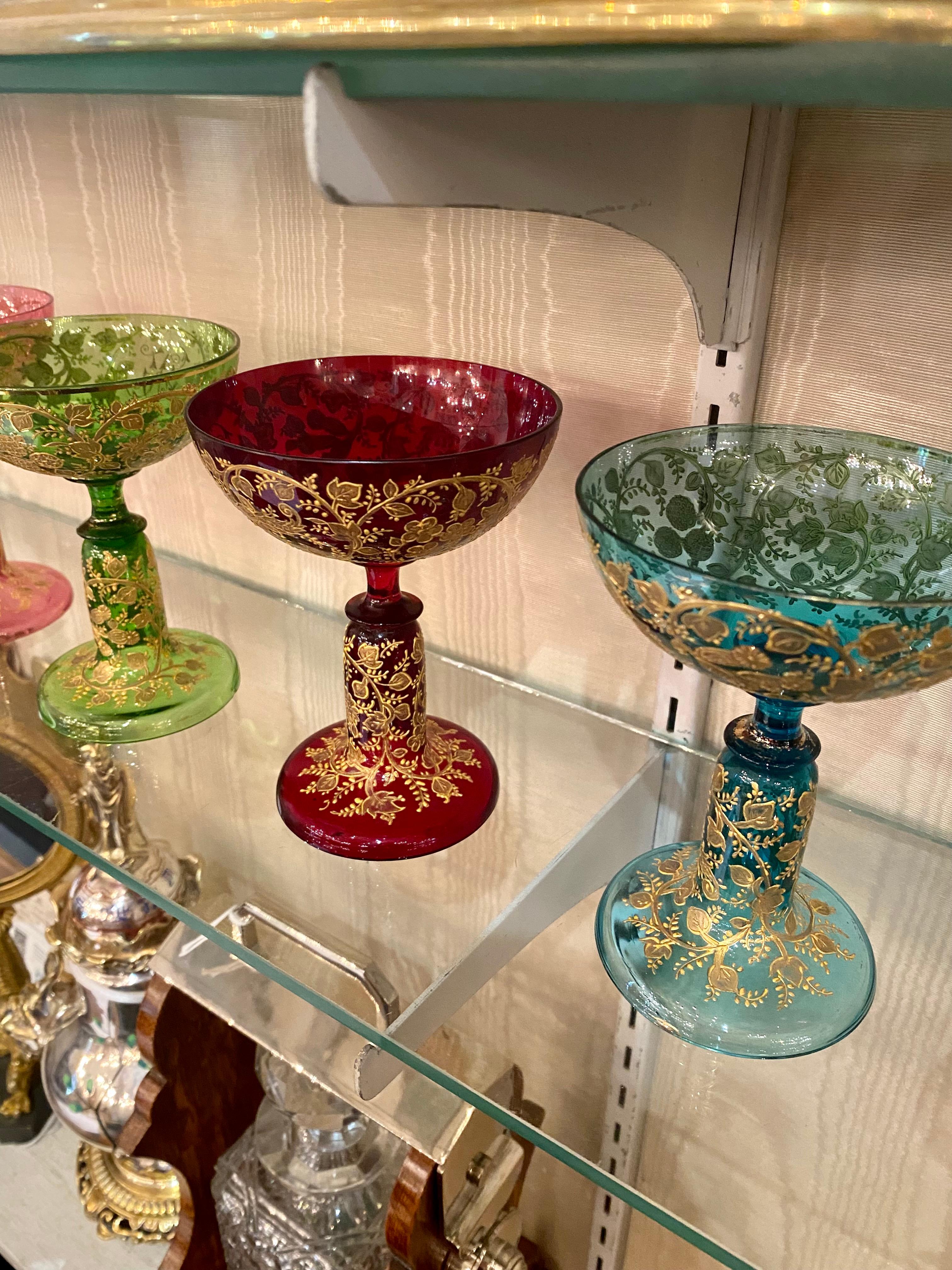 19th Century Set of 8 Antique Moser Glass Multi-Colored Champagne Coupes, Circa 1890.   