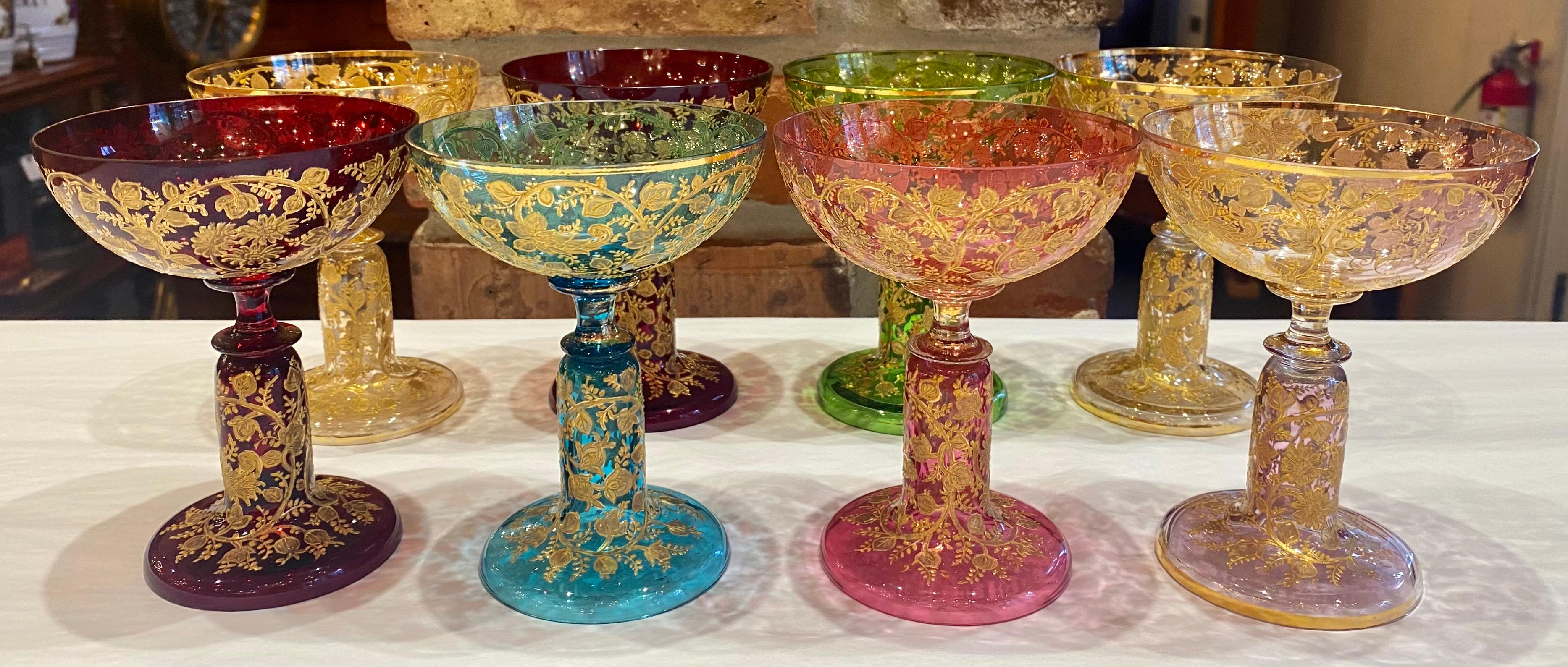 Set of 8 Antique Moser Glass Multi-Colored Champagne Coupes, Circa 1890.   