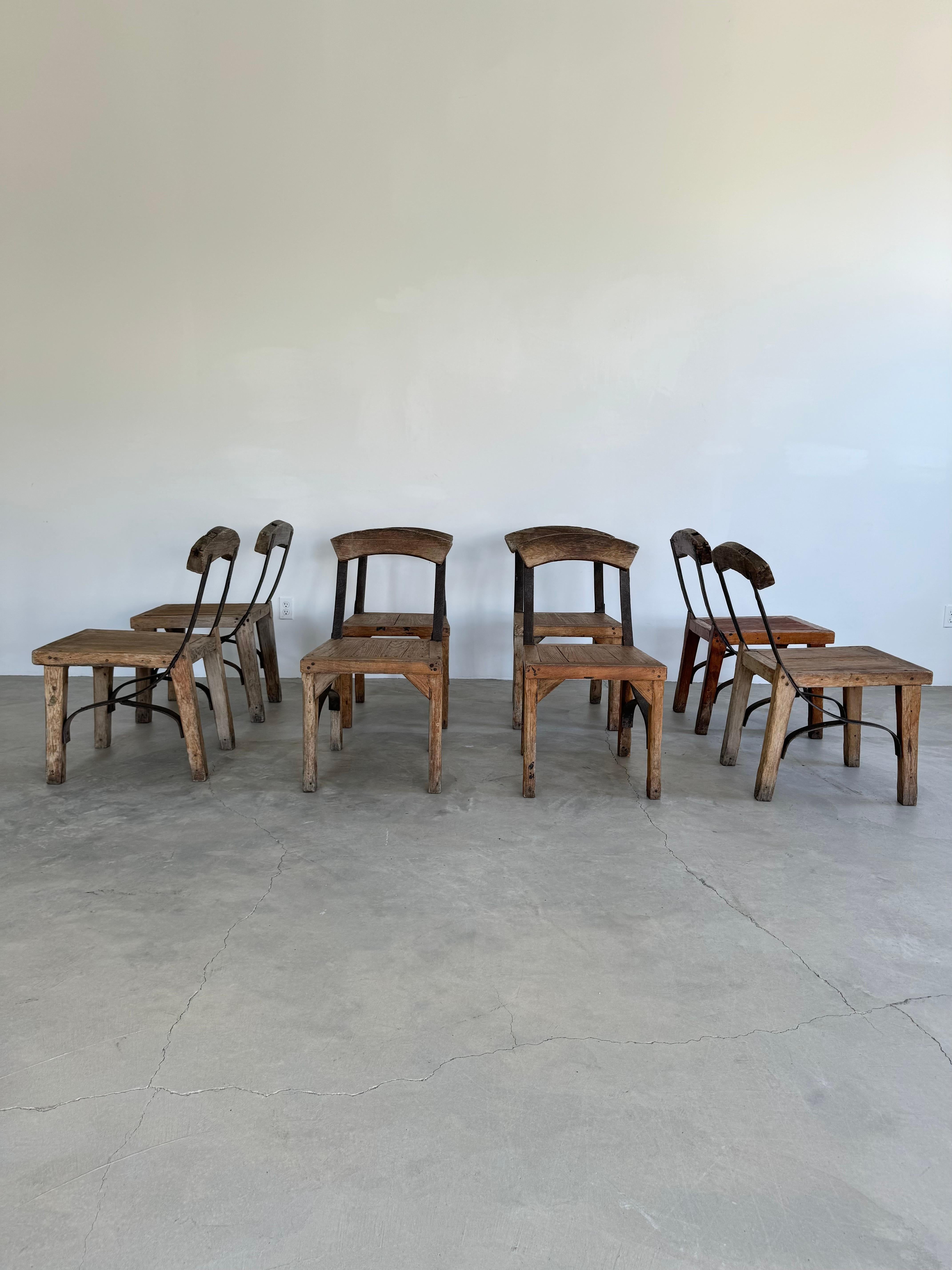 Set of 8 Antique Oak and Iron Chairs, 1940s France For Sale 8