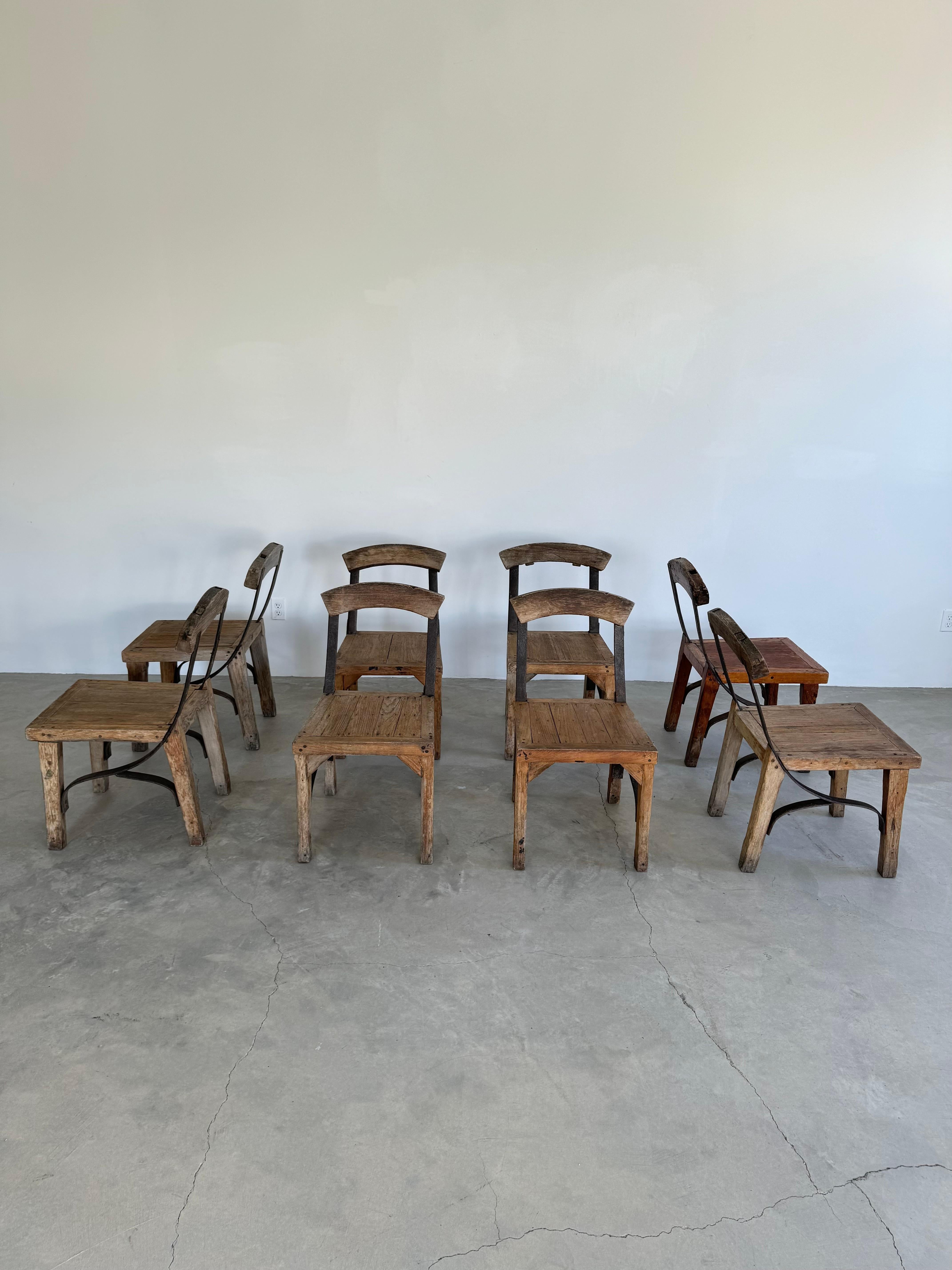 Set of 8 Antique Oak and Iron Chairs, 1940s France For Sale 9