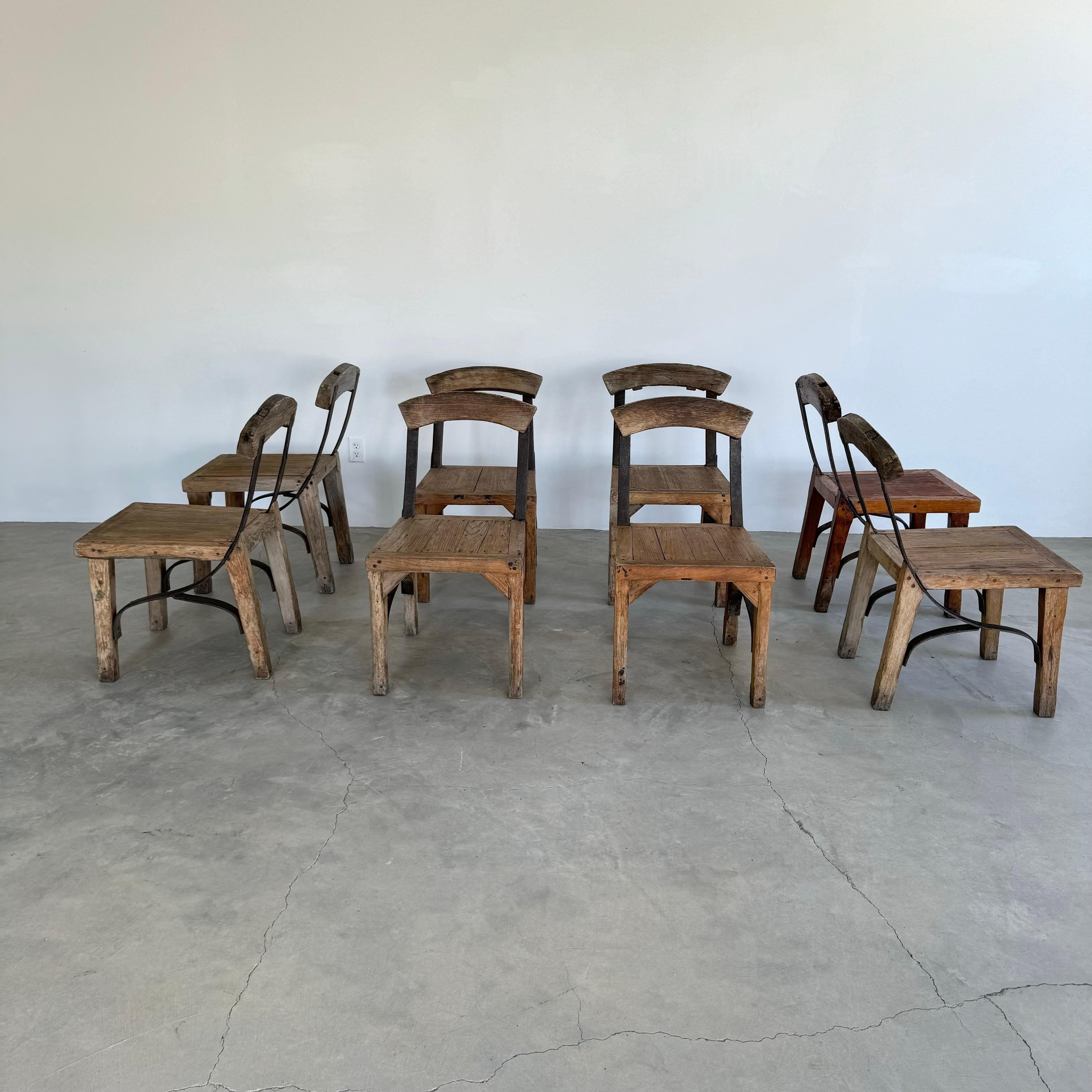 French Set of 8 Antique Oak and Iron Chairs, 1940s France For Sale