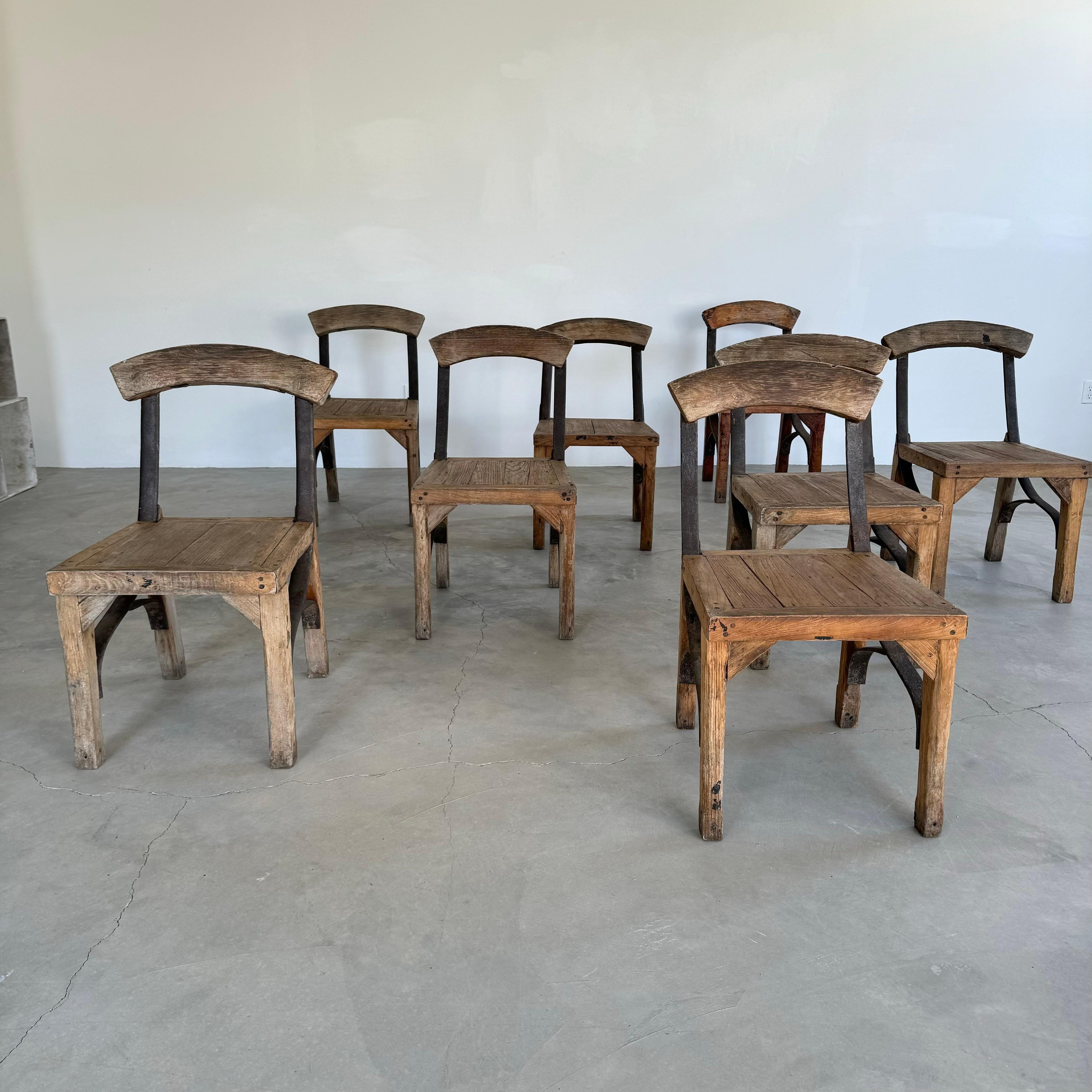 Set of 8 Antique Oak and Iron Chairs, 1940s France In Good Condition For Sale In Los Angeles, CA