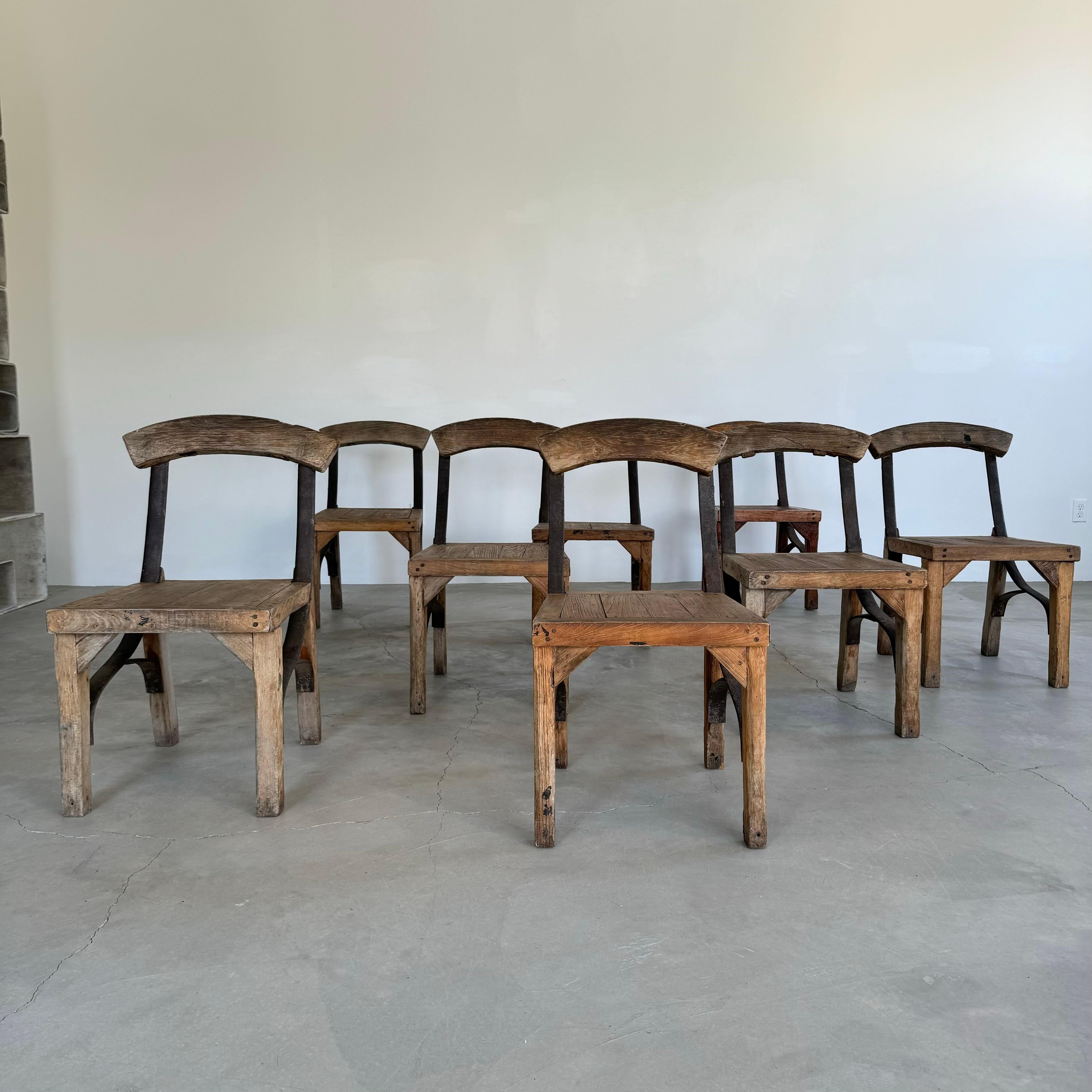 Mid-20th Century Set of 8 Antique Oak and Iron Chairs, 1940s France For Sale
