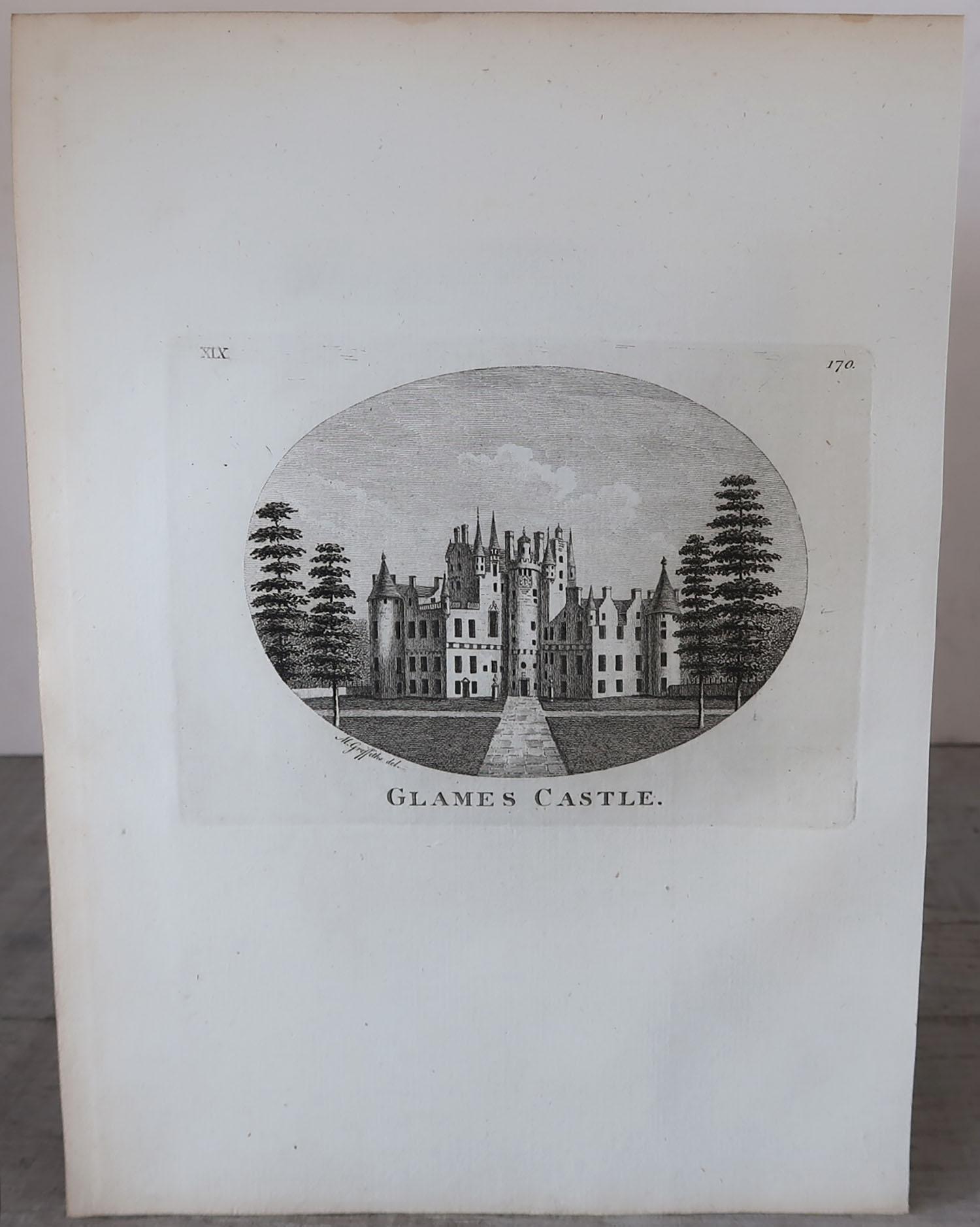 Prachtvoller Satz von 8 Drucken von hauptsächlich schottischen Schlössern. 2 von den englischen Grenzen.

Kupferstiche hauptsächlich nach Zeichnungen von Moses Griffiths.

Herausgegeben von Benjamin White, London, um 1770

Ungerahmt.

Einige