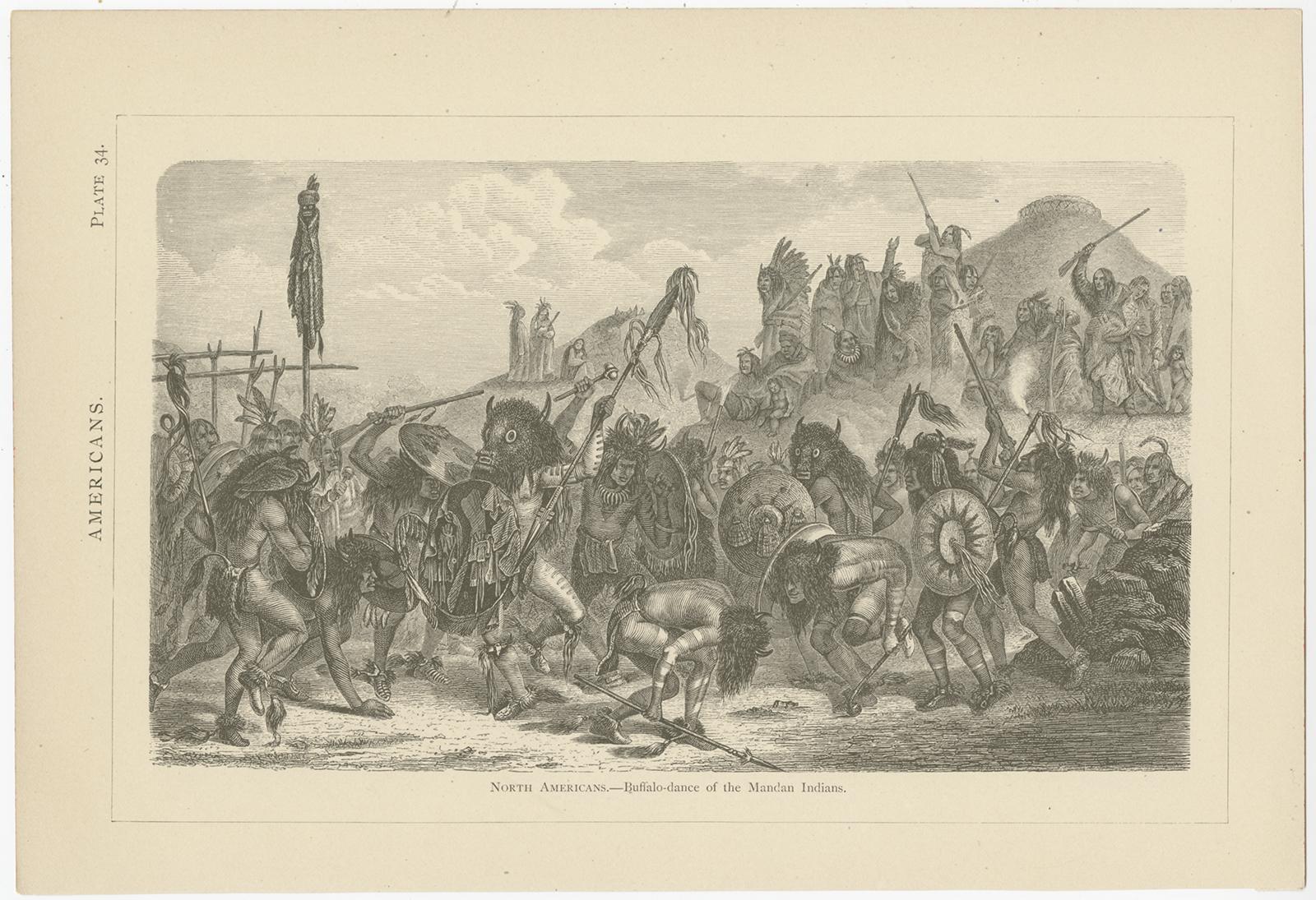 Set of eight antique prints depicting various scenes, figures, and objects of North America and Native Americans. These prints originate from 'Iconographic Encyclopedia of the Arts and Sciences' by Johann Heck and Daniel Brinton.