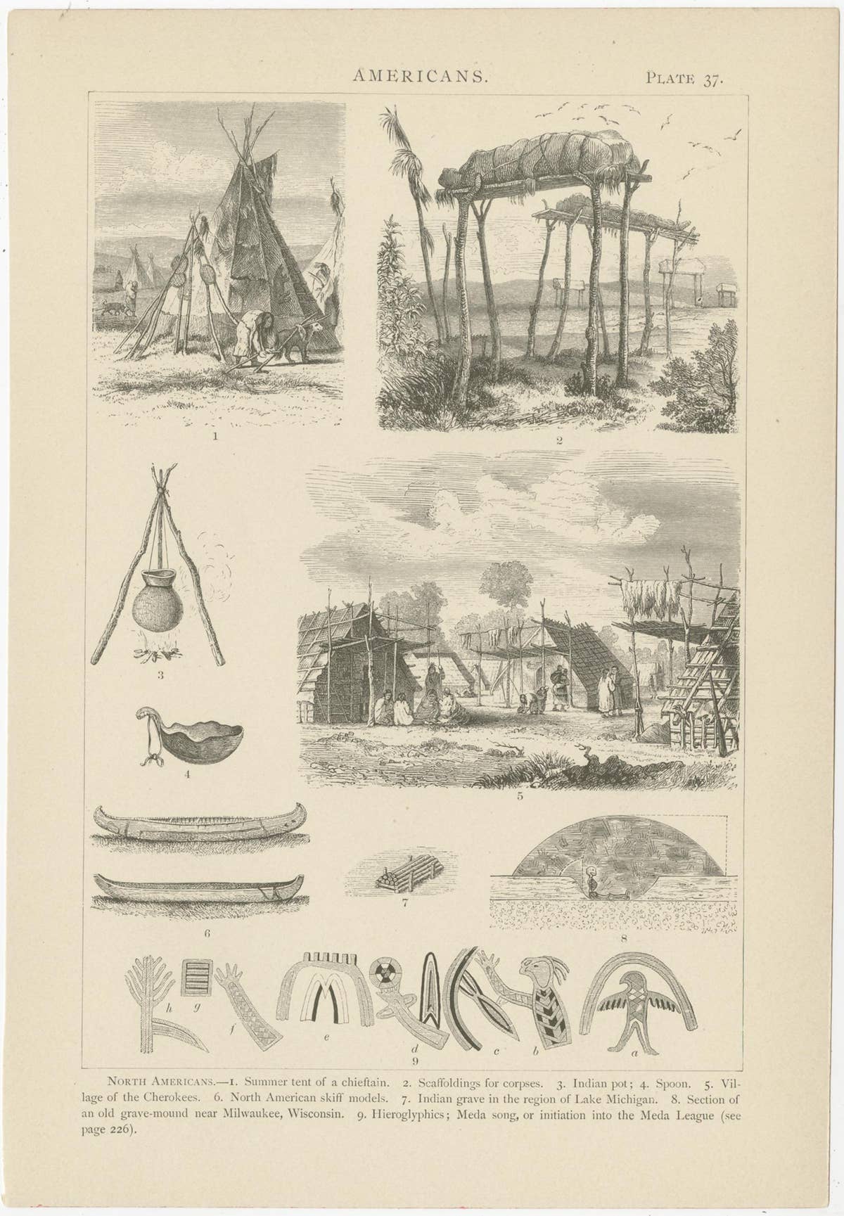 Set of 8 Antique Prints of Various Scenes, Figures and Objects of North America