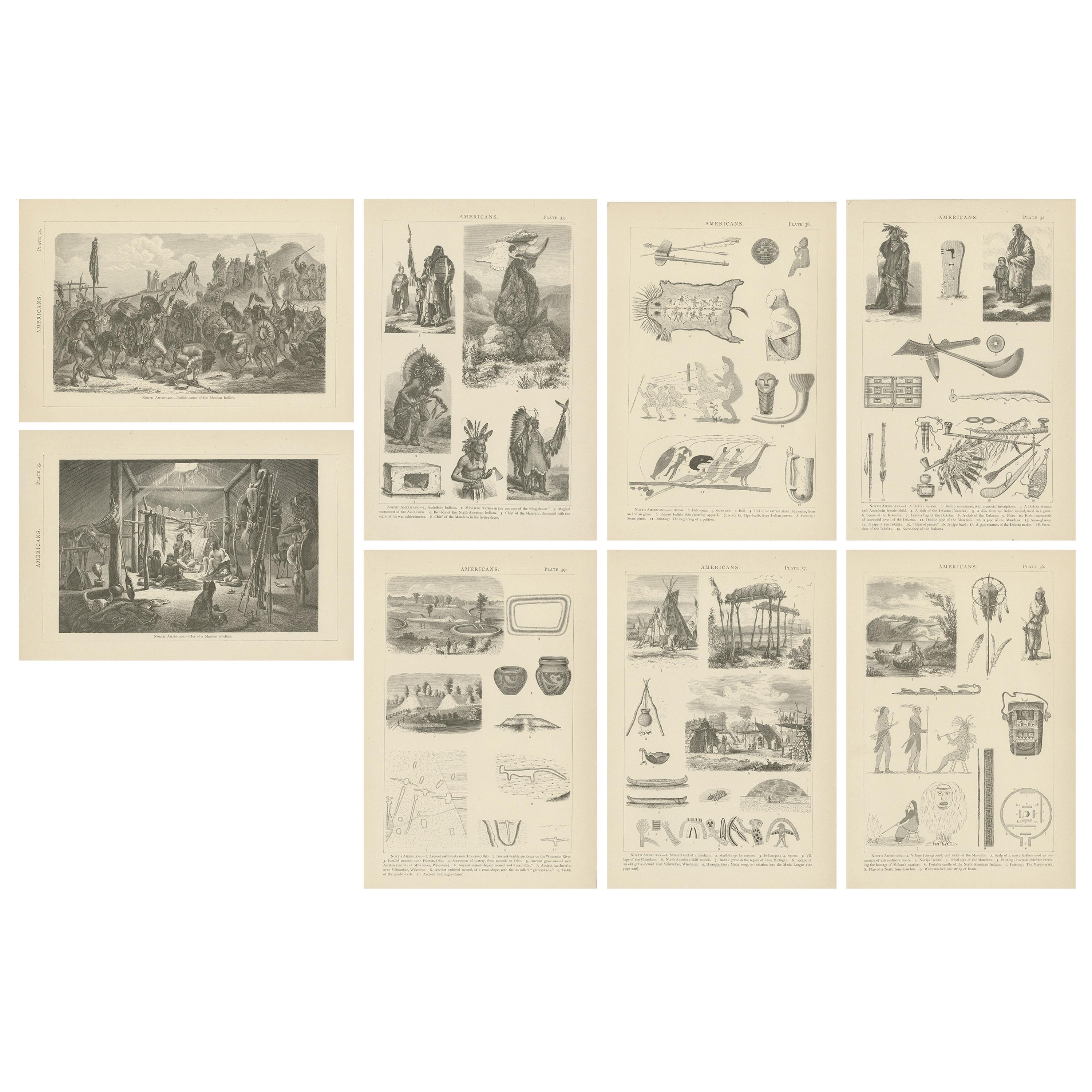 Ensemble de 8 estampes anciennes de diverses scènes, personnages et objets d'Amérique du Nord