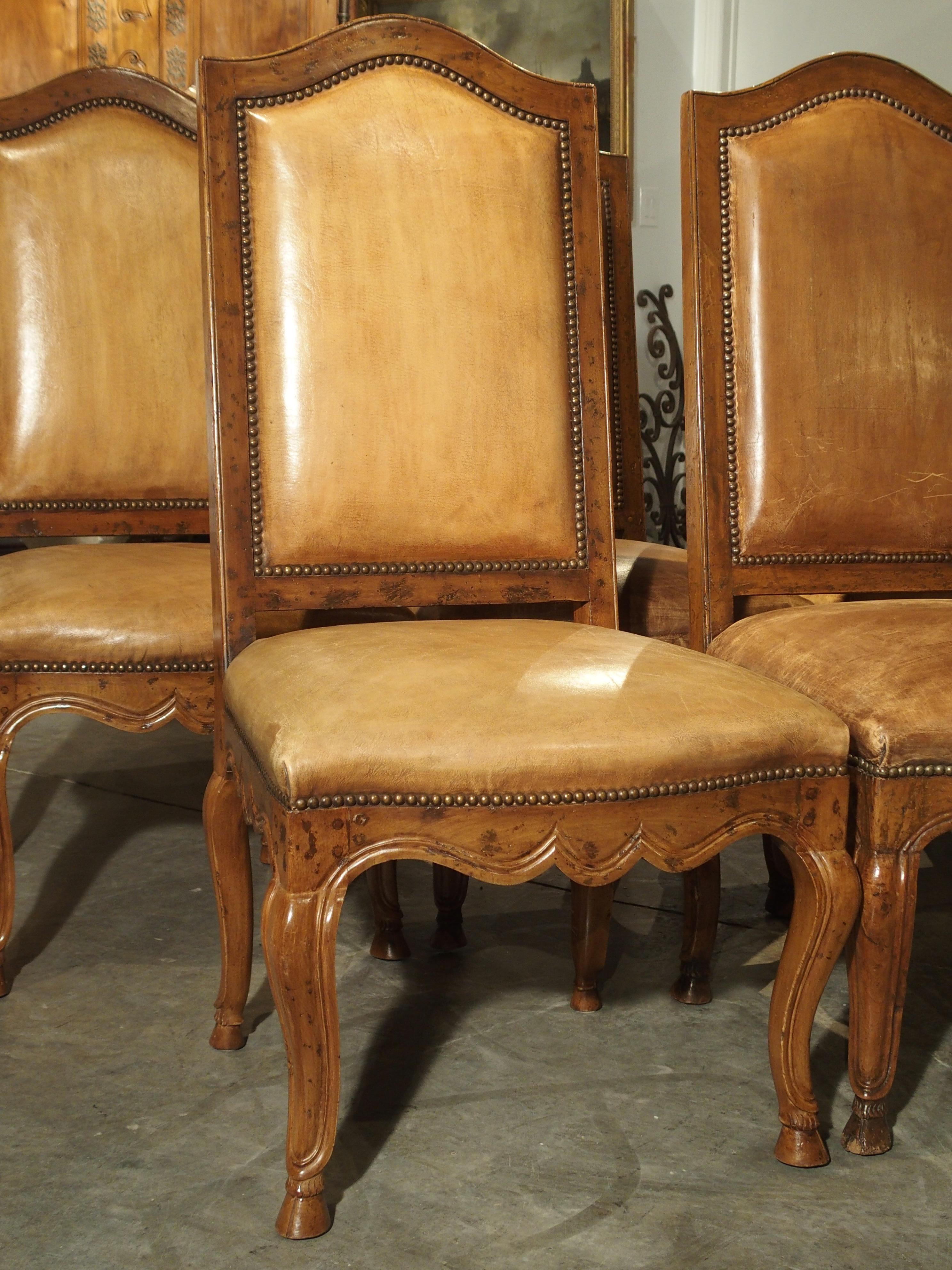 Régence Set of 8 Antique Regence Style Leather Dining Chairs from France