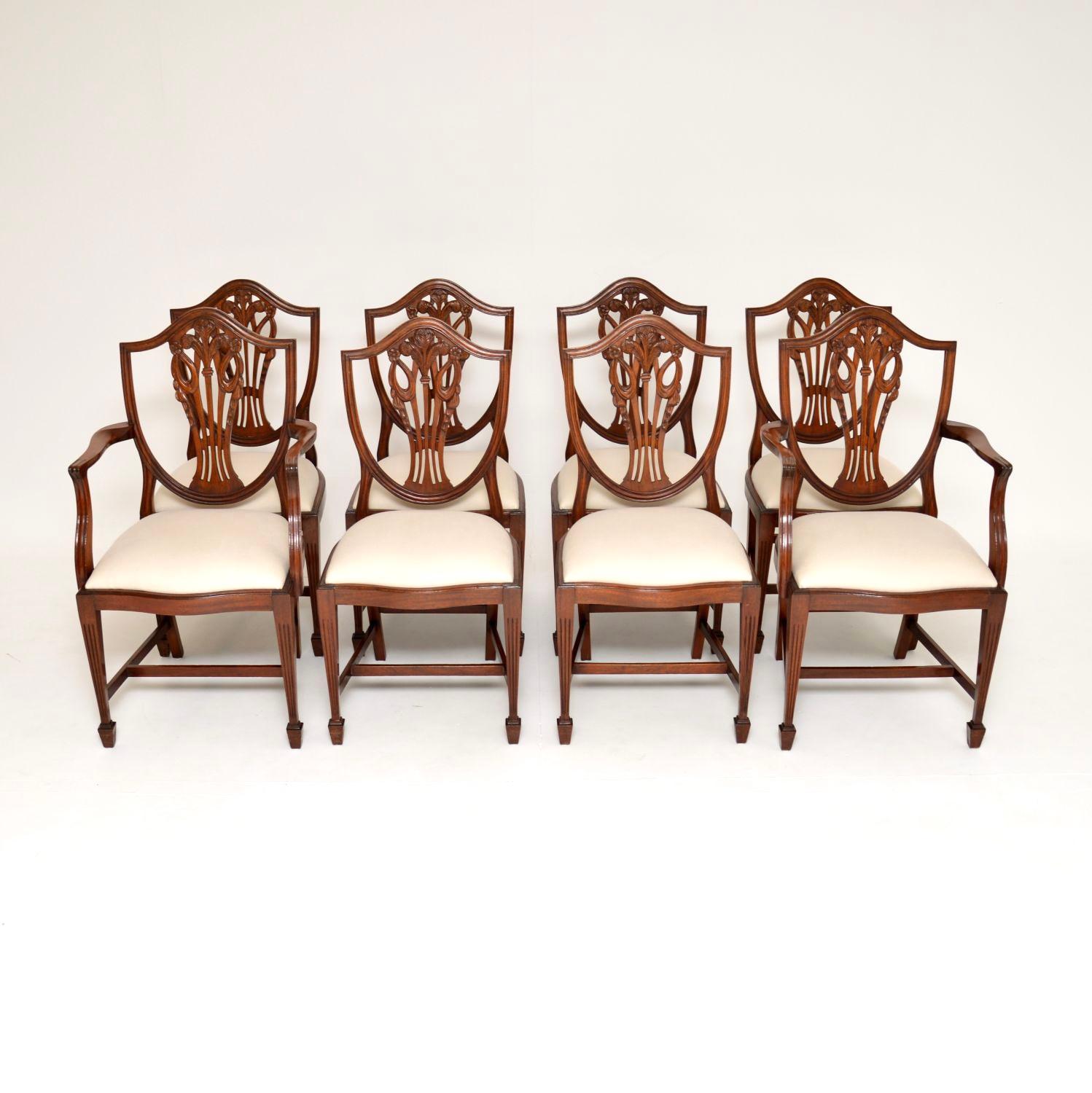 A fantastic set of eight solid wood dining chairs in the antique Sheraton style. These were made in England, they date from around the 1930-50’s period.

They are of lovely quality, they are sturdy and well built with a beautiful design. The