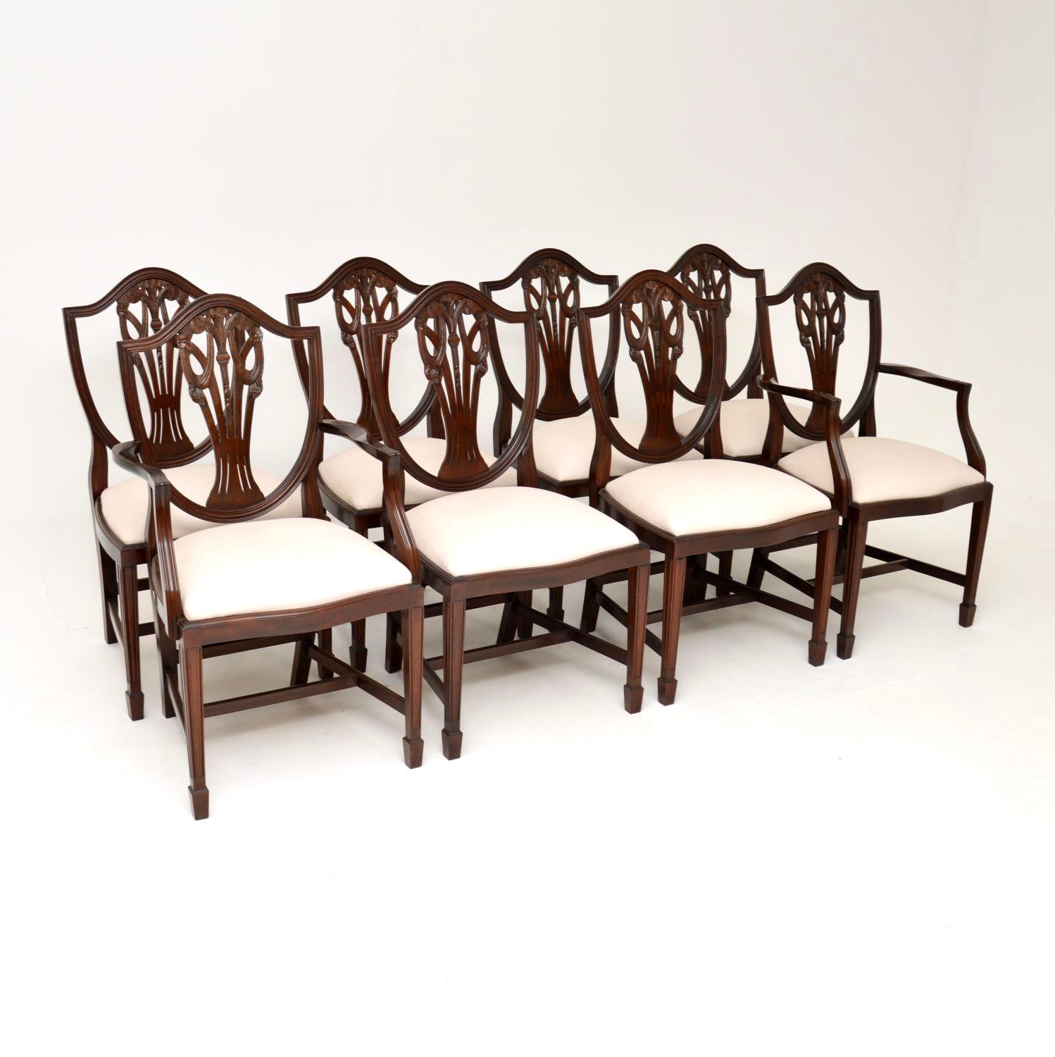 An excellent set of antique Sheraton style shield back dining chairs in solid wood. These were made in England, they date from around the 1930’s.

The quality is superb, they are all very sturdy and well built. The pierced shield backs have