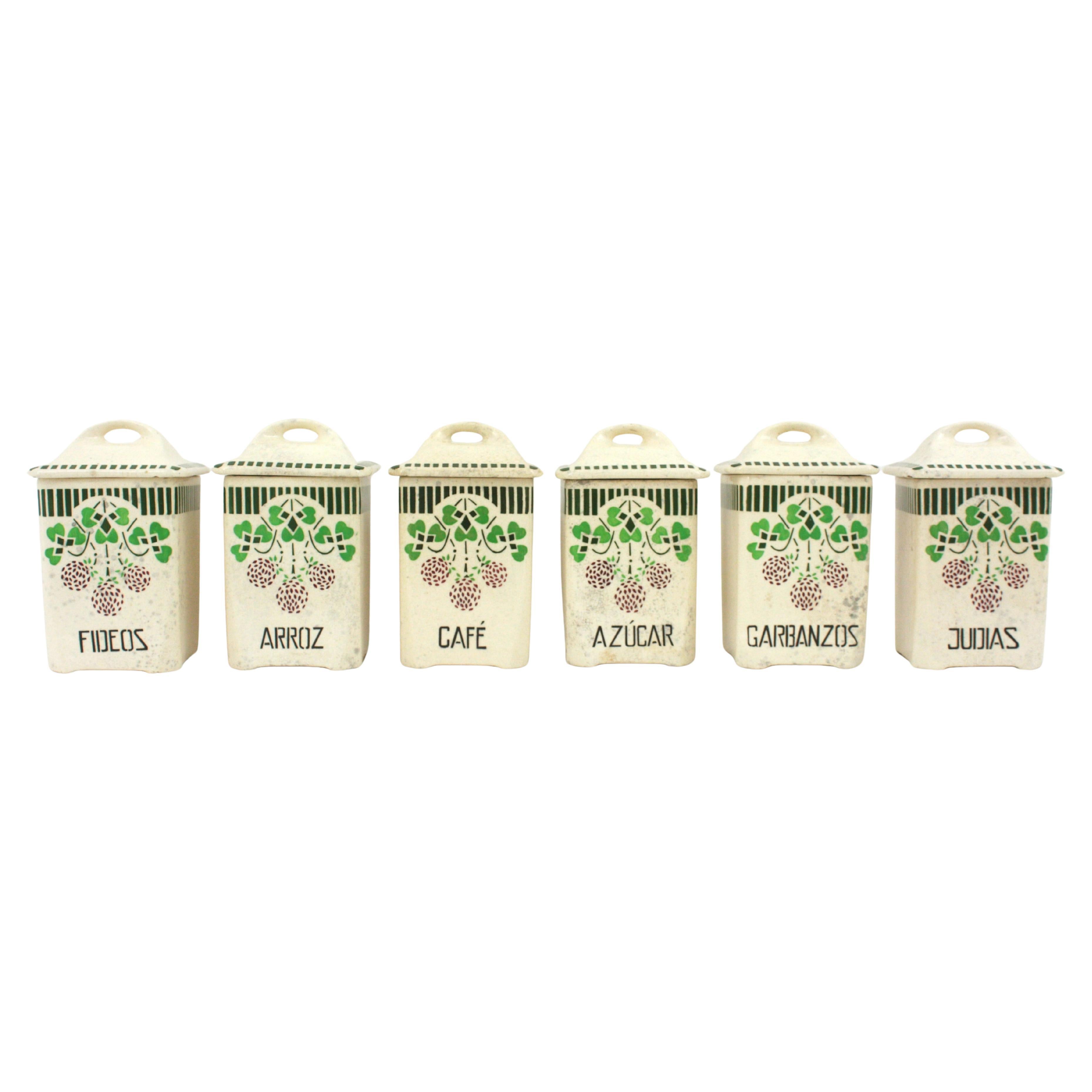 Art Déco Set di 8 barattoli da cucina in ceramica spagnola antichi / barattoli di stoccaggio in vendita
